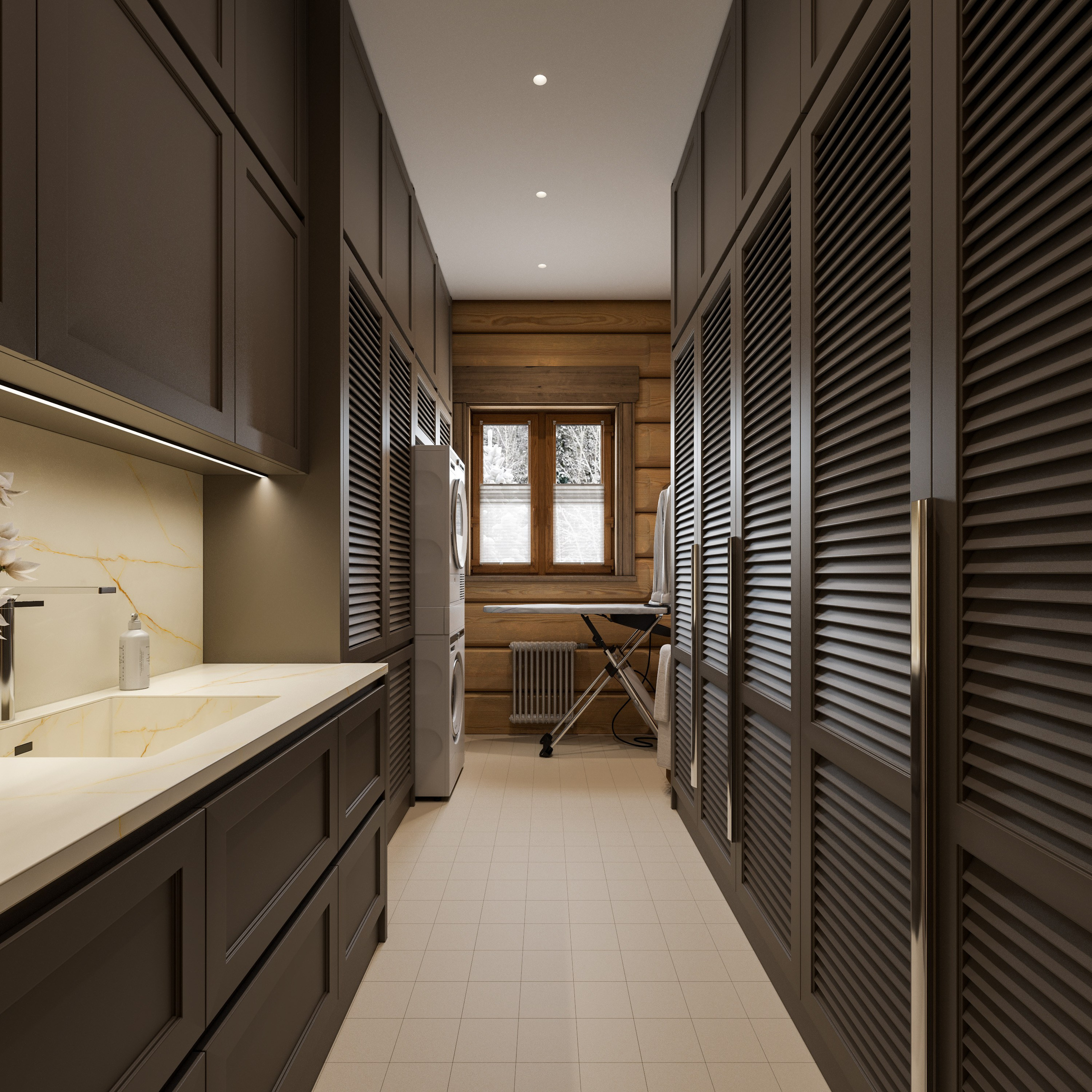 3D визуализация постирочной в доме из сруба с шкафами с деревянными жалюзийными дверьми