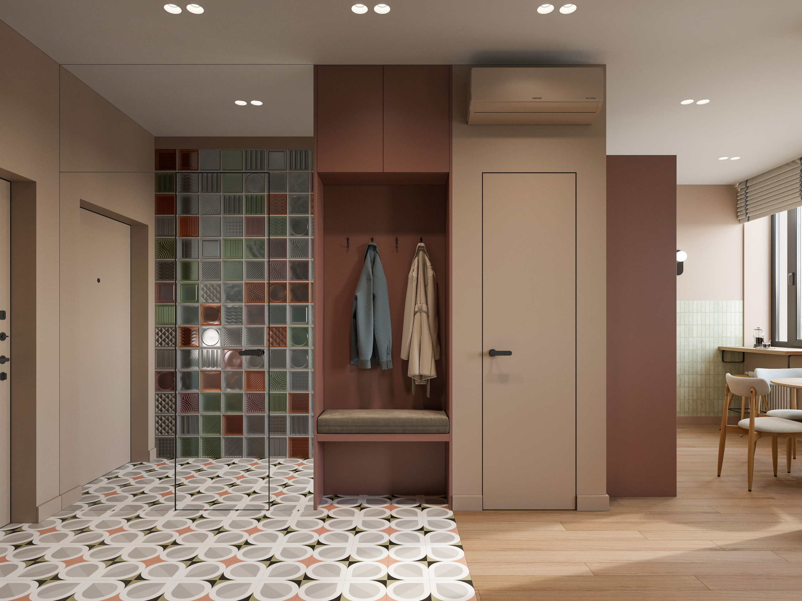 3D визуализация маленькой студии в сочных цветах и с нестандартной планировкой