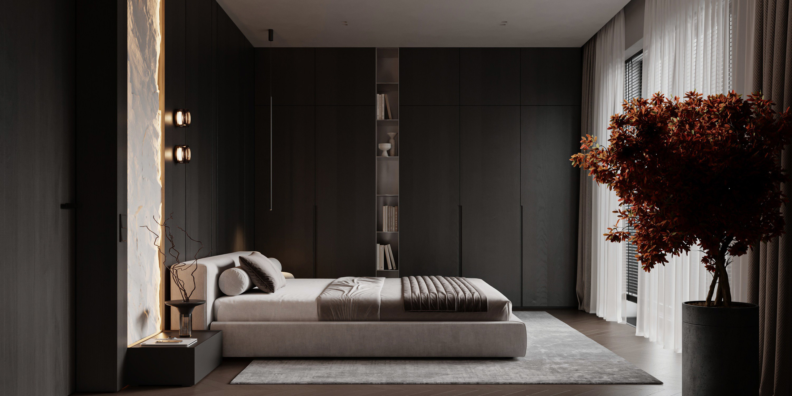 Темная современная спальня с панорамными окнами