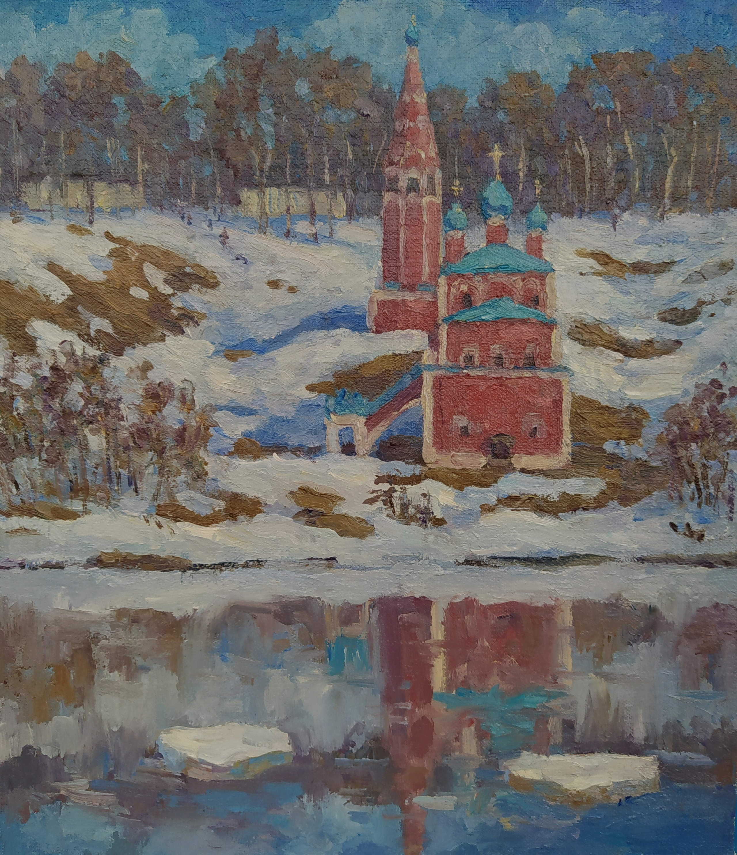 Тутаевский пейзаж с видом на Казанскую церковь весной - Масляная живопись, импрессионизм