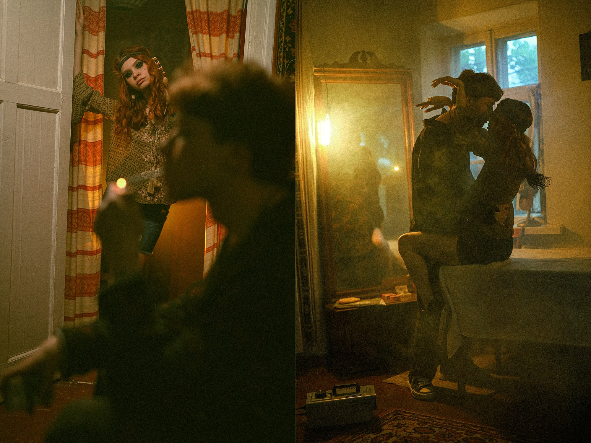 фотосессия в кинематографическом стиле с дымом и цветным светом, фотосессия пары хиппи