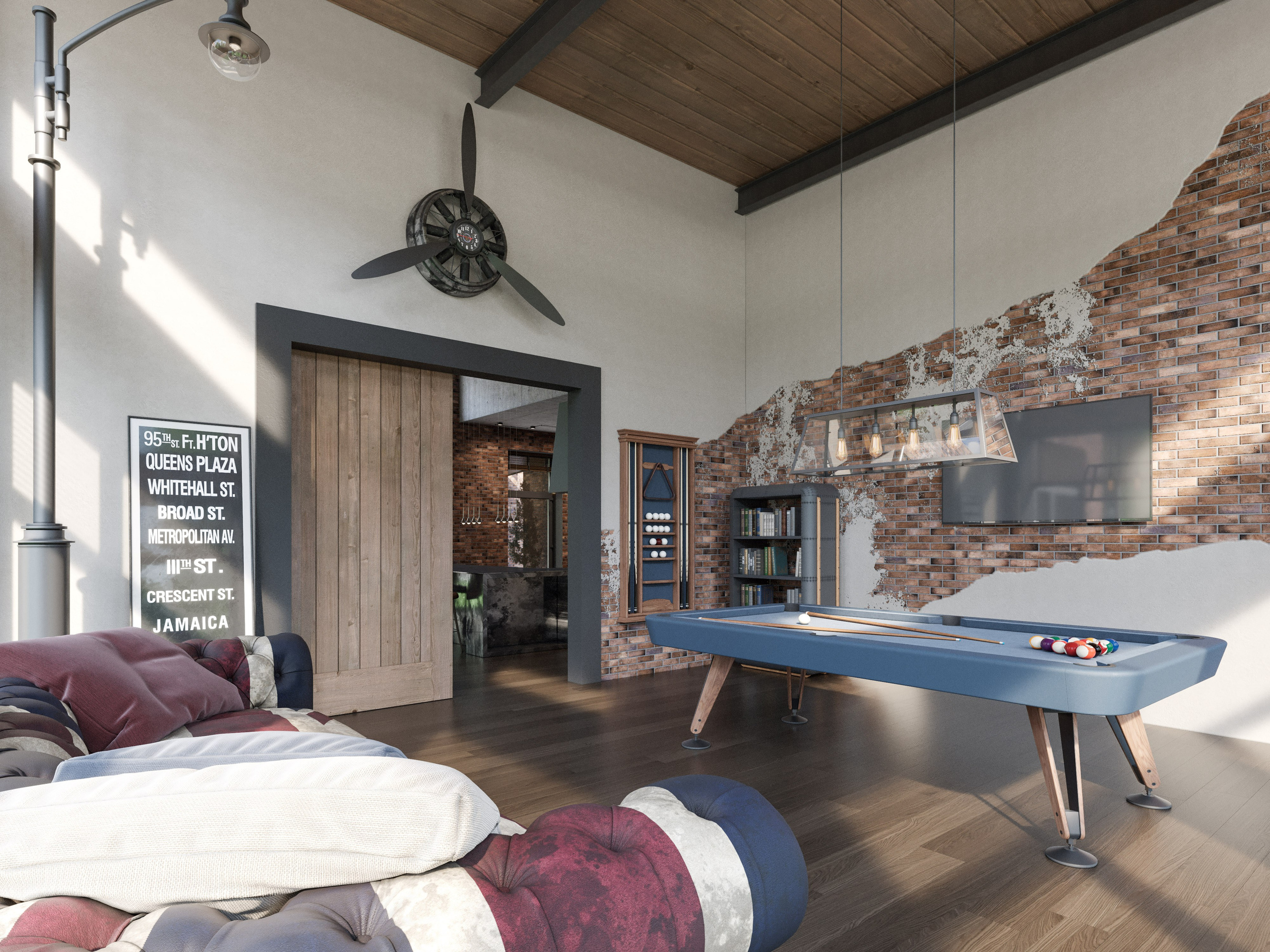 Визуализация брутальной гостиной с амбарной дверью и бильярдом