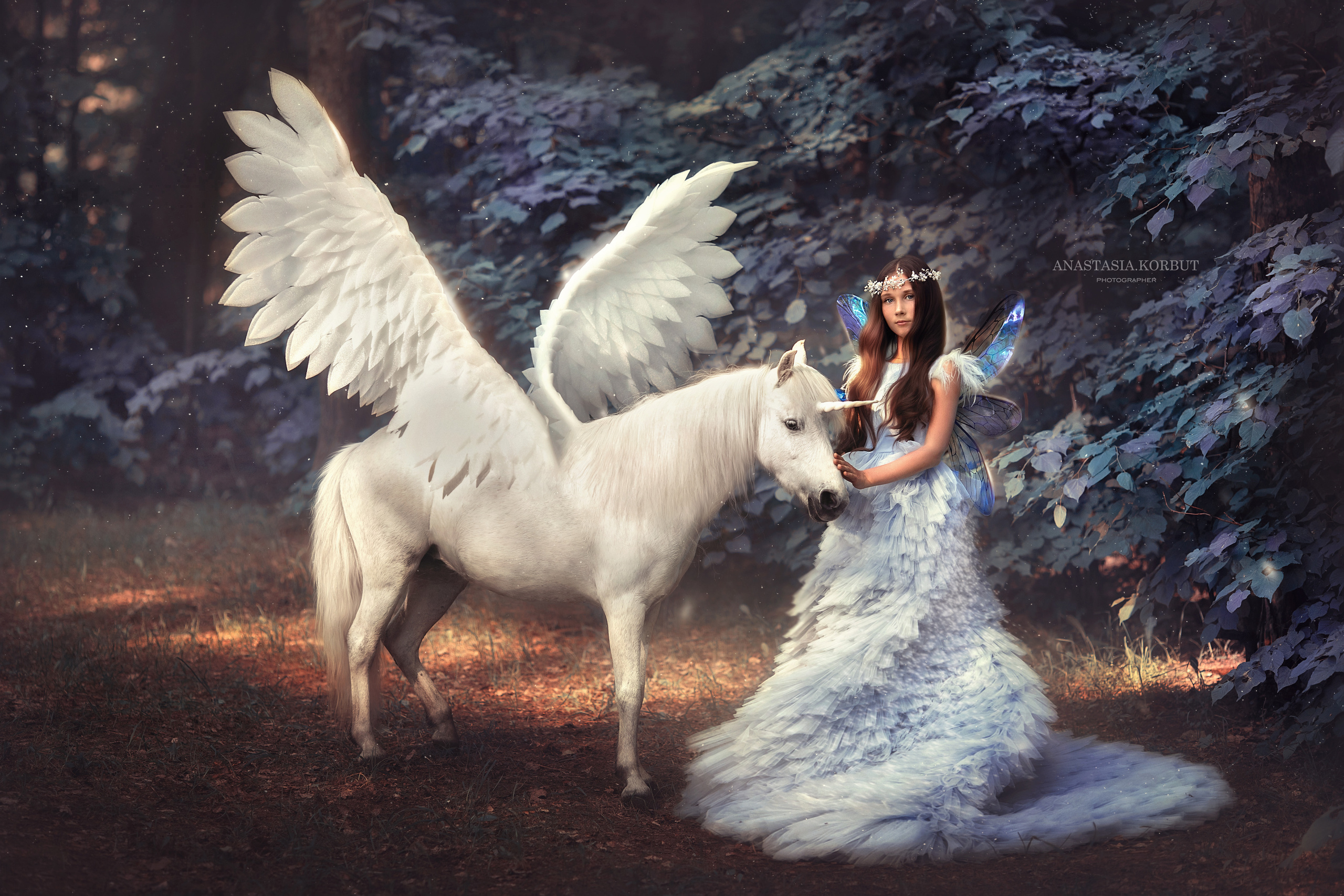 Сказочная фотосессия Минск, фотосессия с лошадью Минск. Фея в сказочном лесу в красивом длинном платье 