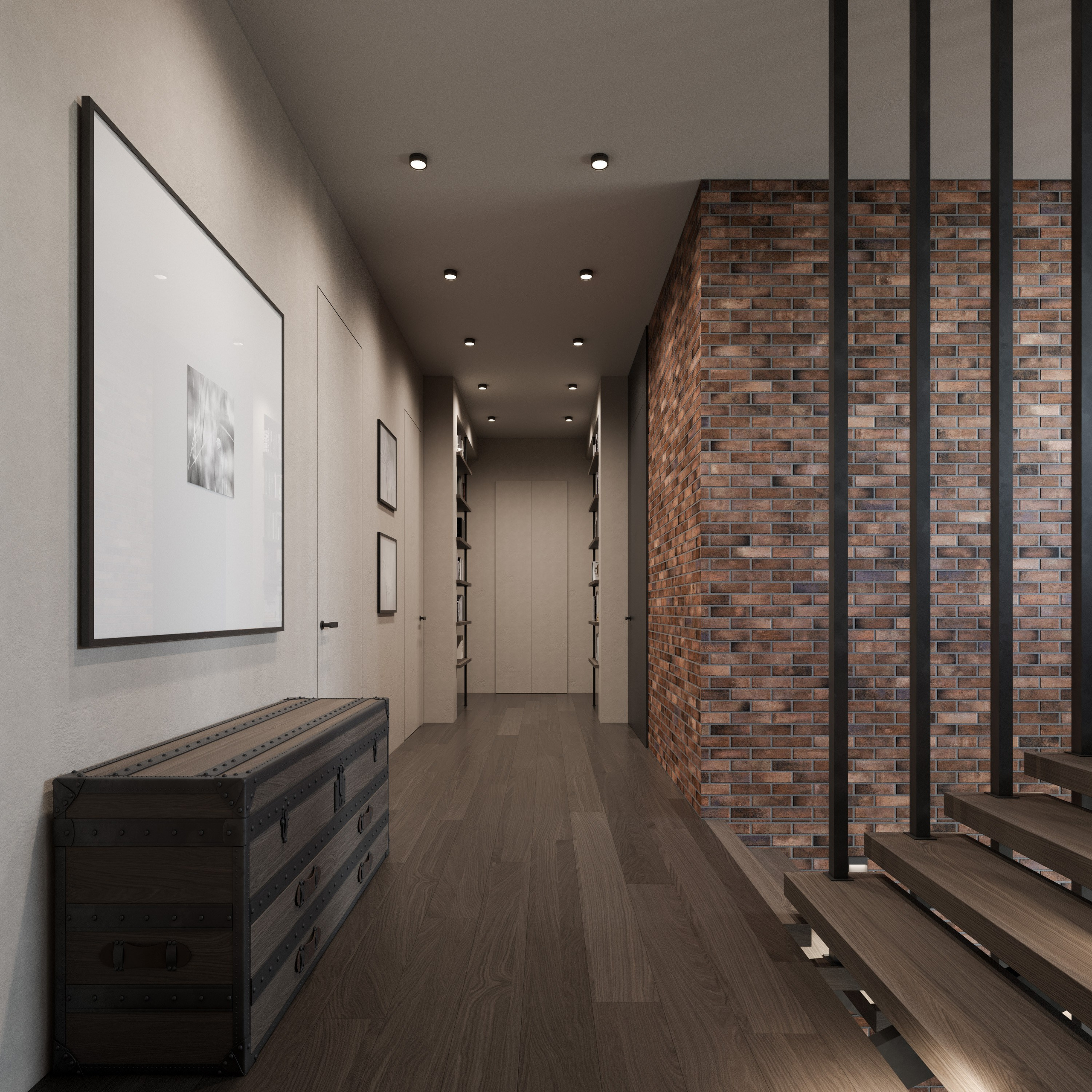 Рендер холла второго этажа с сундуком и картинами на стенах