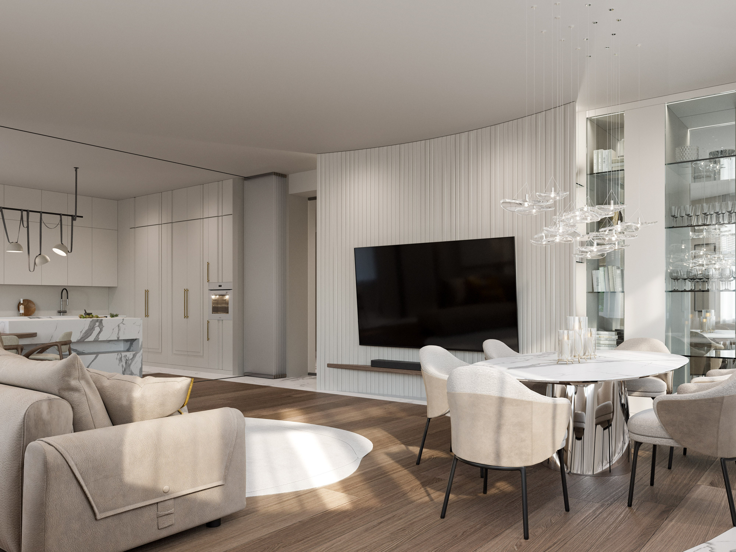 Зона отдыха с плавными формами мебели и округлыми светильниками в интерьере