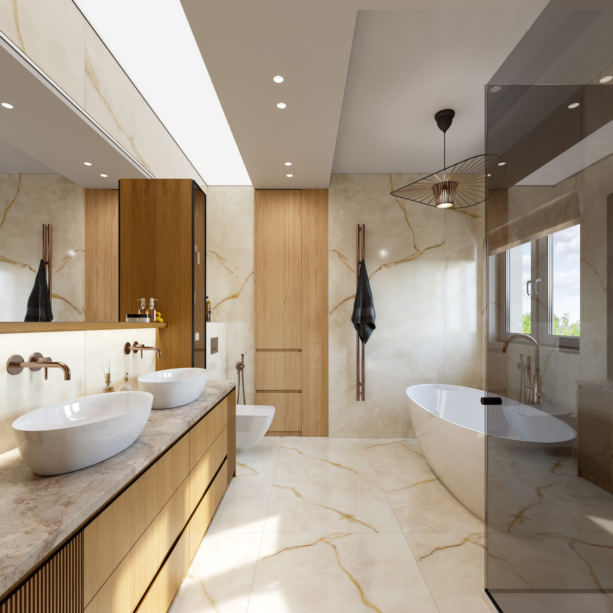 Ванная комната в современном стиле с деревянной мебелью и большой ванной