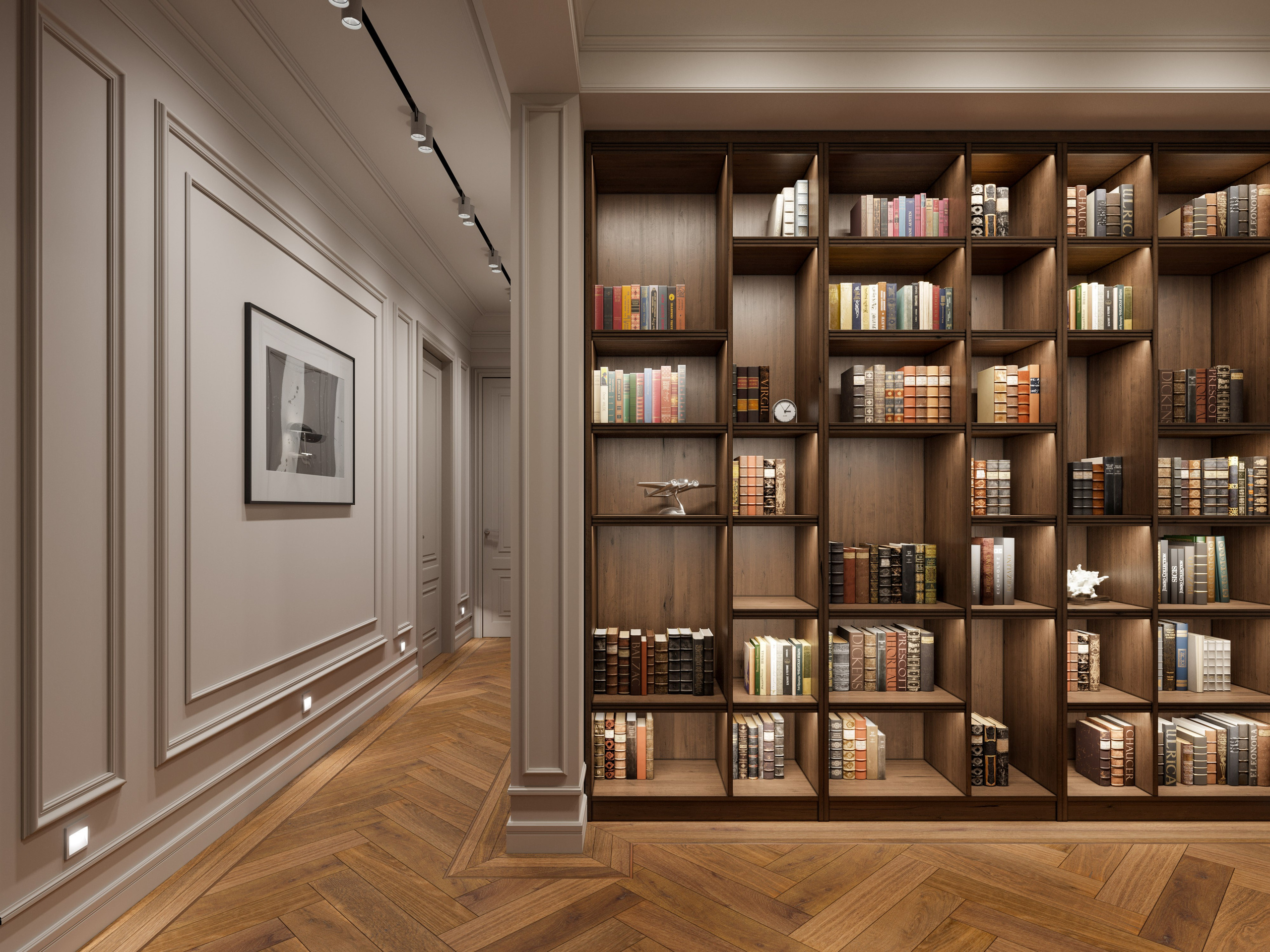 Библиотечная зона в коридоре с деревянными полками и встроенной подсветкой - 3D рендер