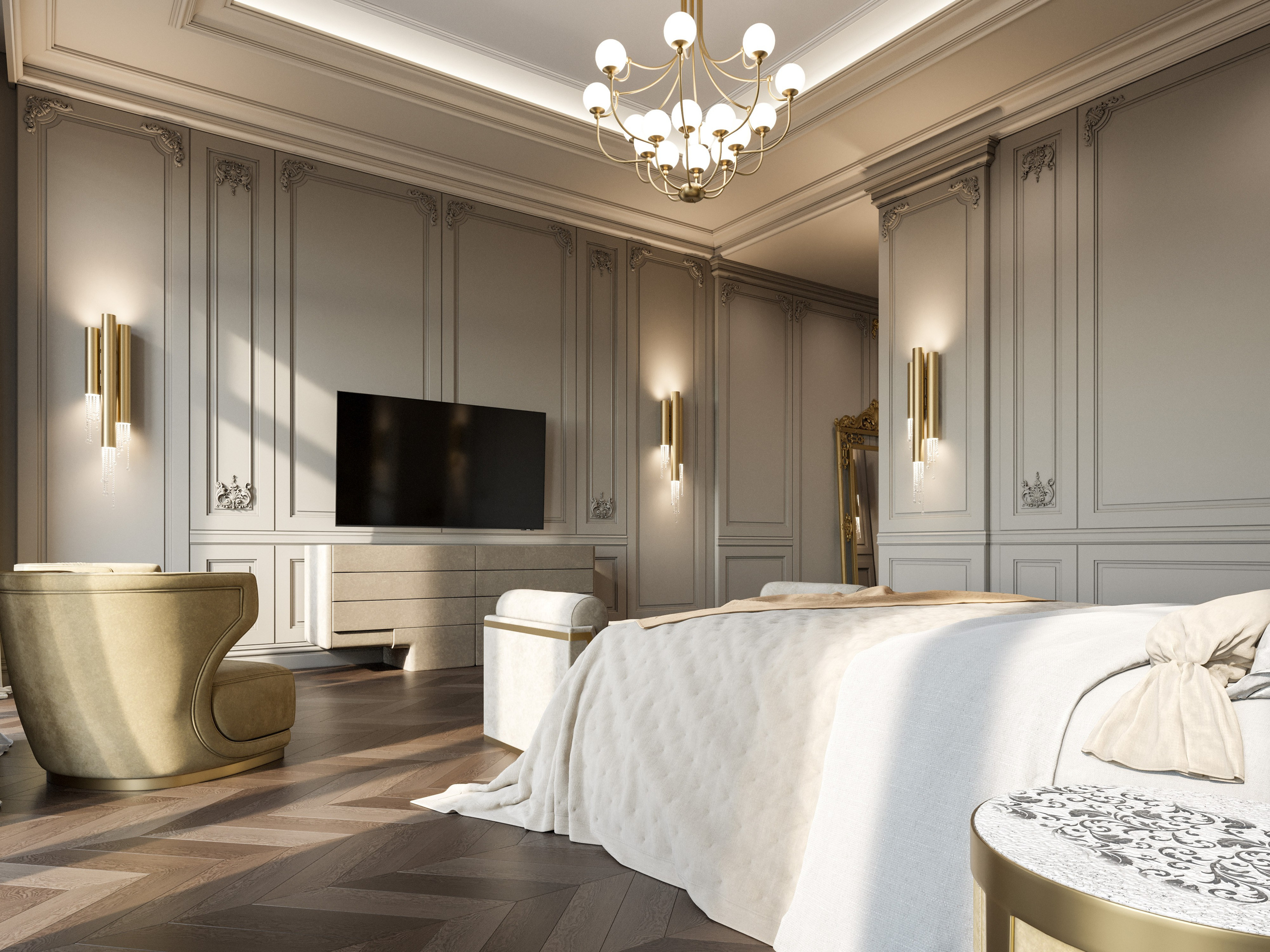 Зона отдыха с текстильным диваном и позолоченными акцентами в женской спальне