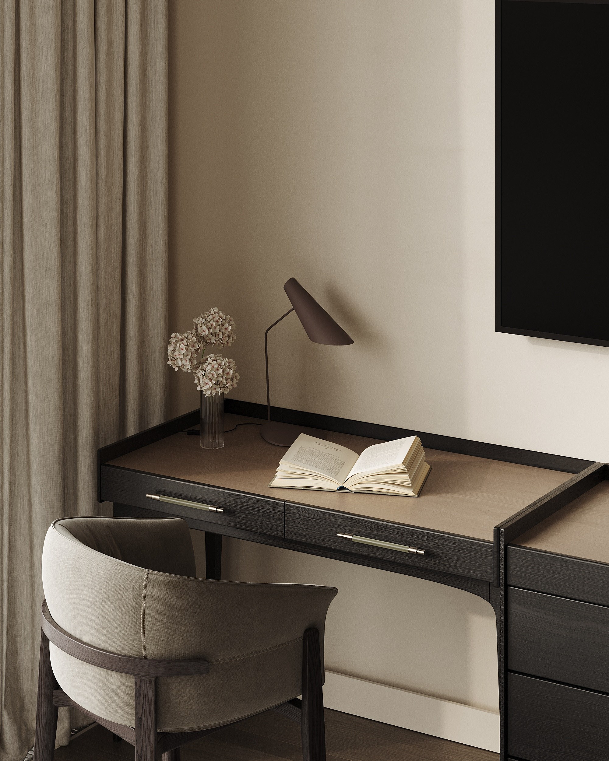 Уютная светлая спальня с акцентной стеной из темного дерева. 