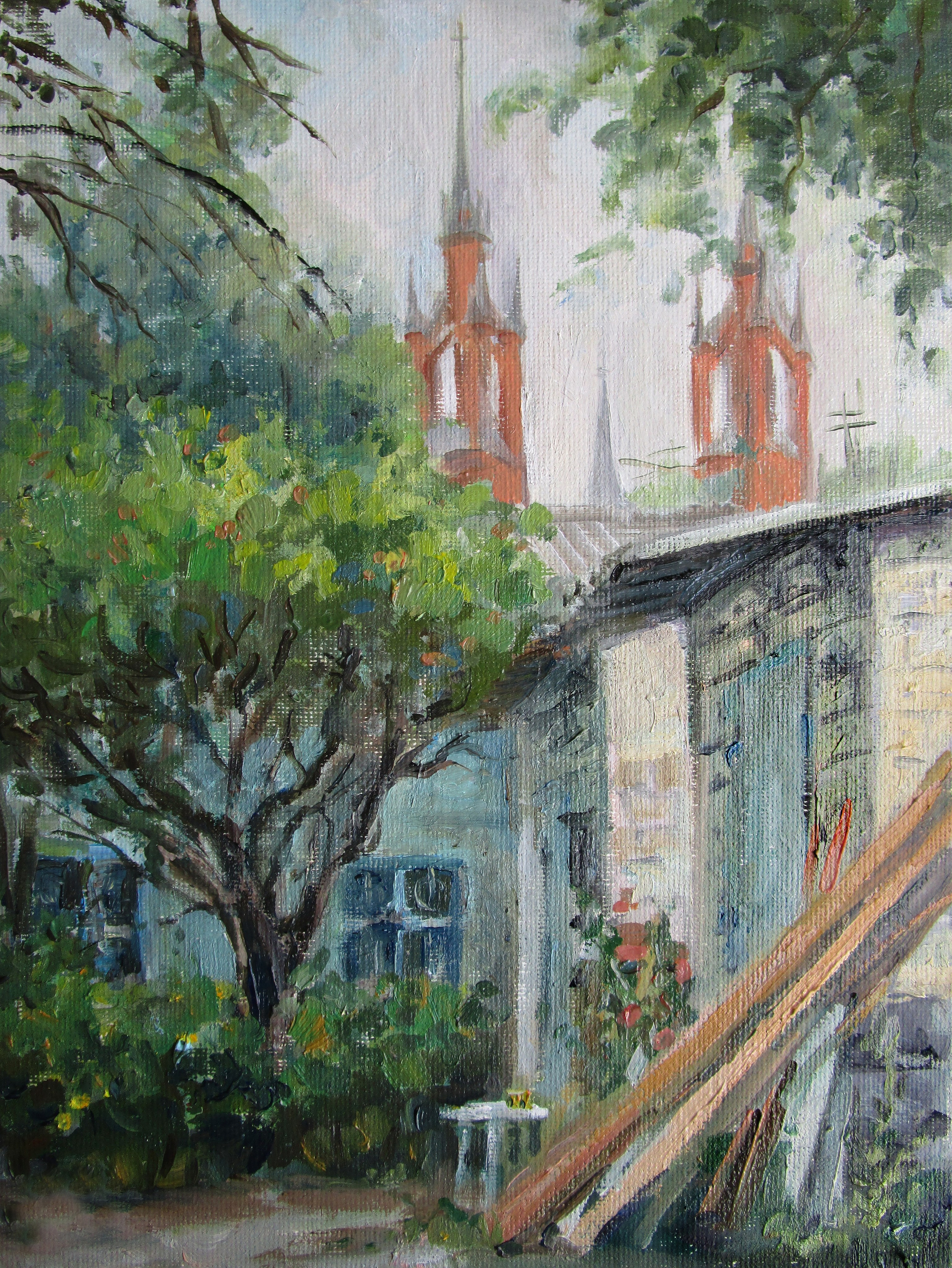 Вид со двора на католический собор в Самаре; холст / масло, 2020