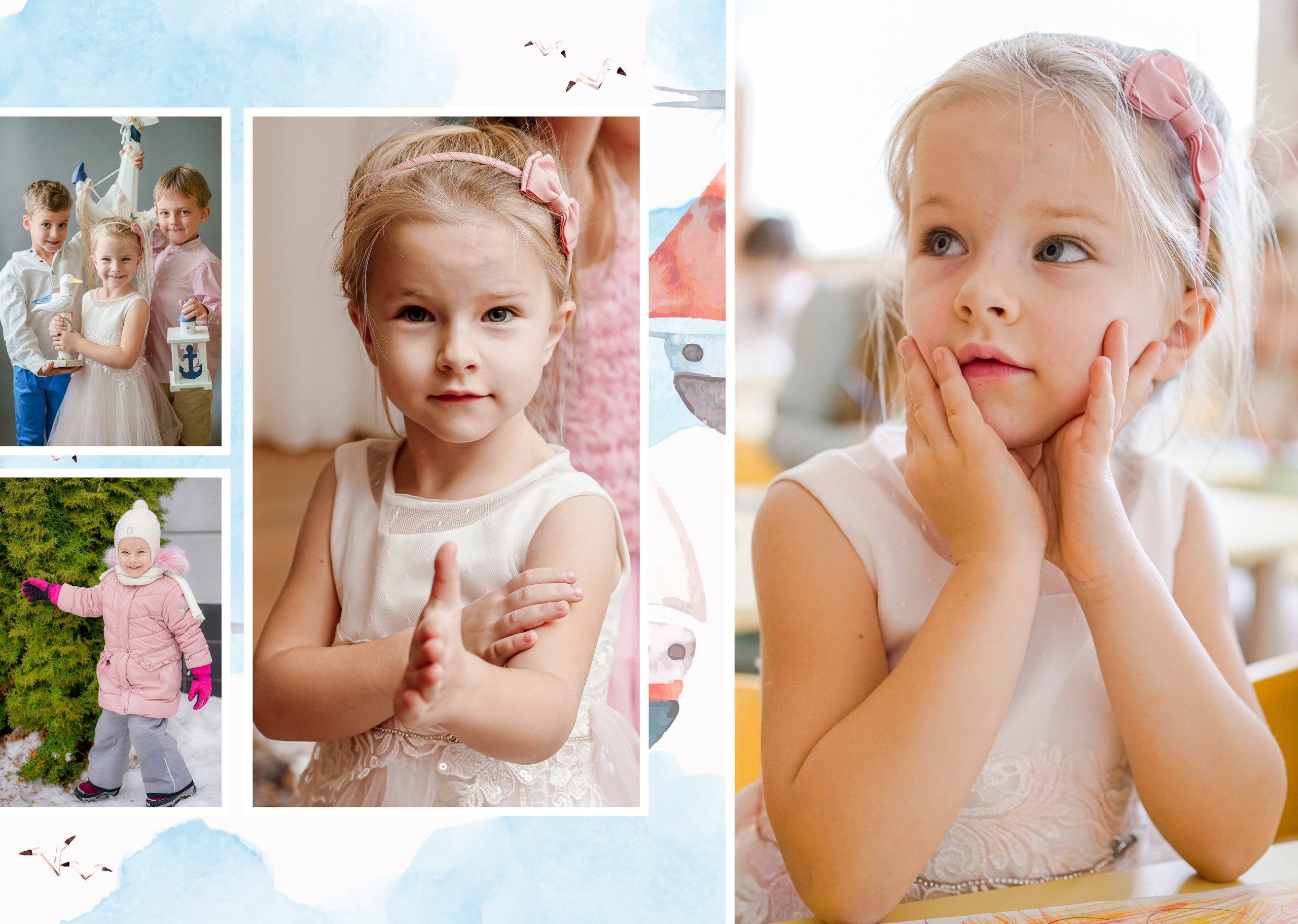 Персональные развороты и обложка дизайн «Кораблик». Анна Белашова ВЫПУСКНЫЕ АЛЬБОМЫ, фото и видеосъёмка