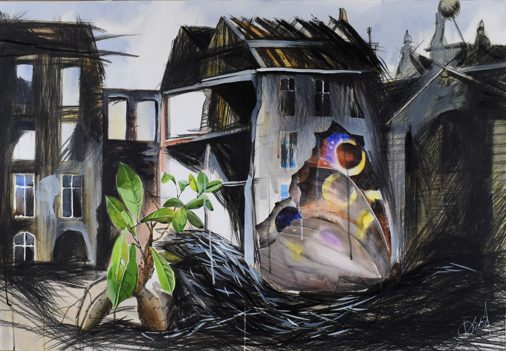 Civil armory, 70/100, mixed media on paper, 2021