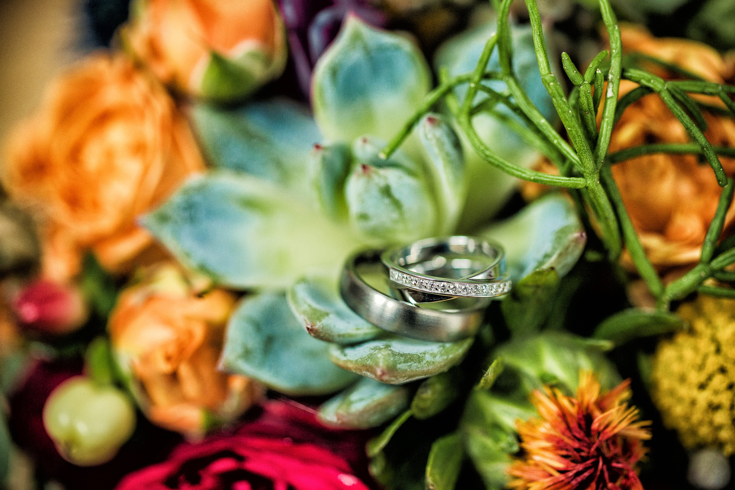 обручальные кольца на каменной розе в обрамлении других цветов