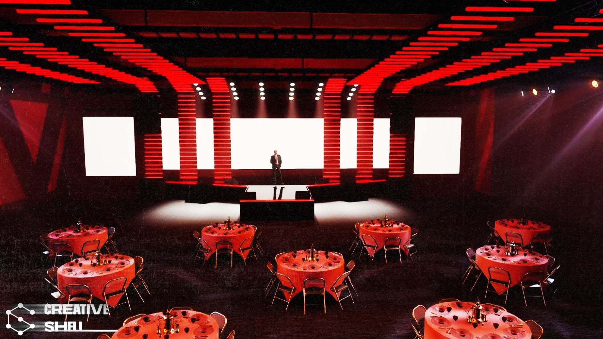 3D render of the event with integrated Creative shell equipment, including stages, lighting devices, and screens, for a complete representation of the future design.