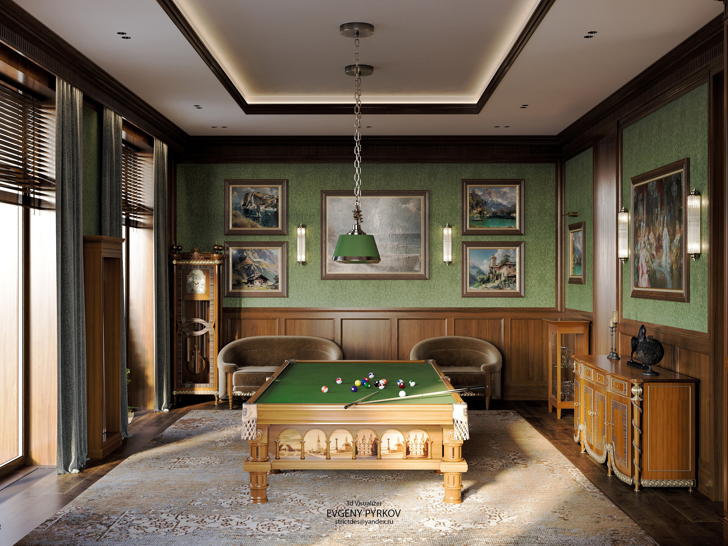 Рабочий кабинет с бильярдом в частном доме. Клиент Абасеева Нина. Евгений Пырков — 3d визуализатор интерьеров и экстерьеров России