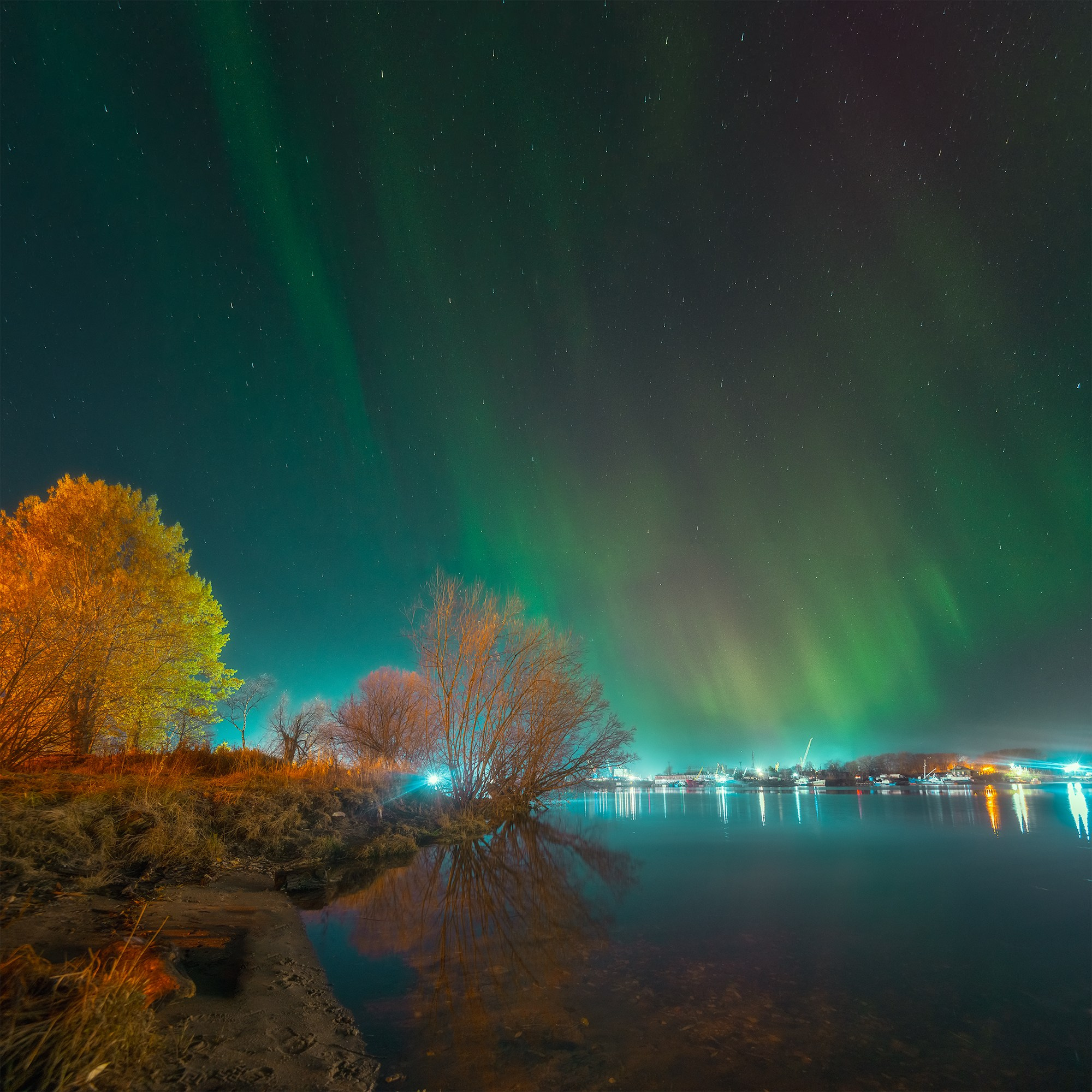 Северное сияние. Аэросъемка в Архангельске, Александр Ермолин