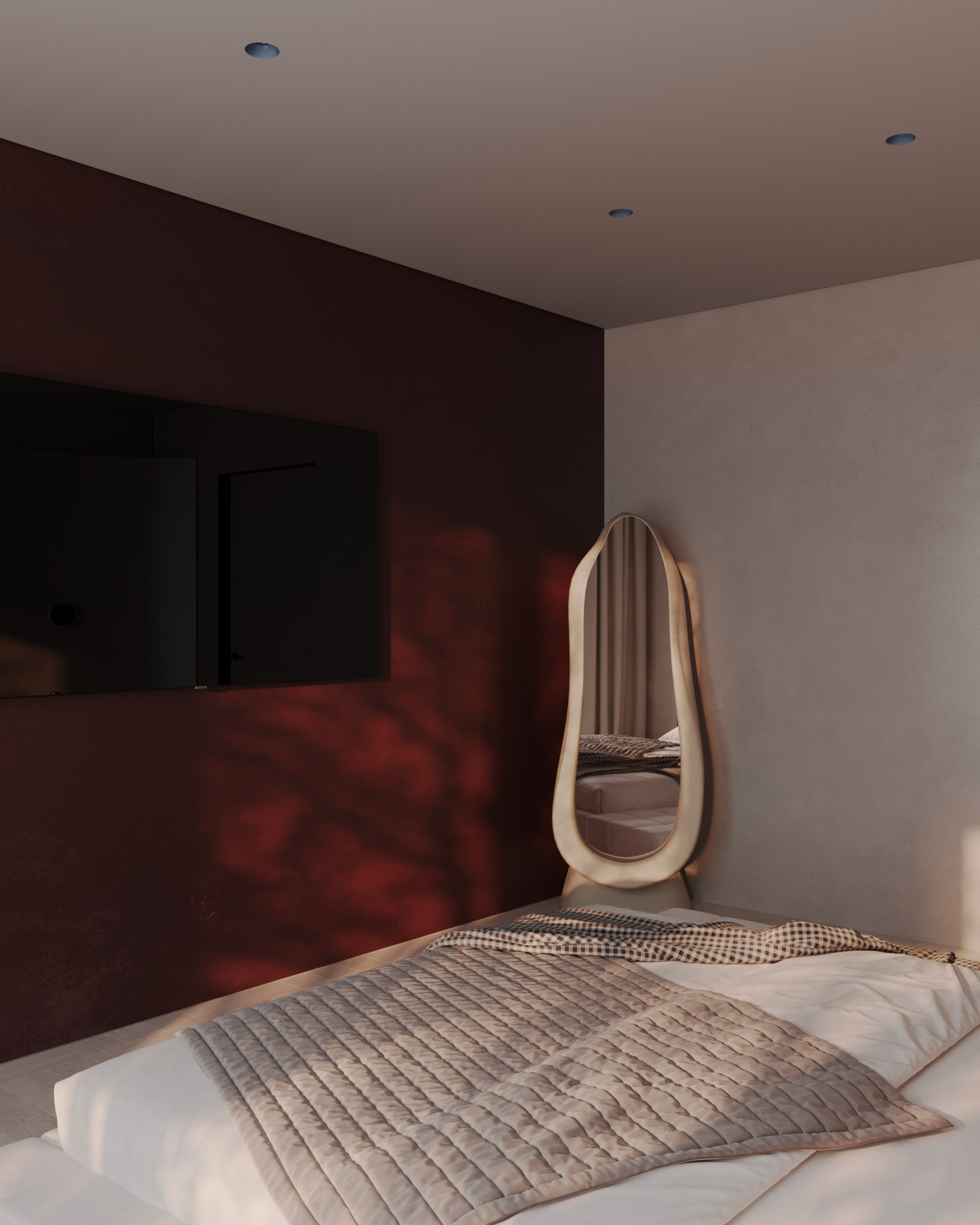 Спальня с красной стеной. 3D Визуализация интерьеров жилых и коммерческих помещений