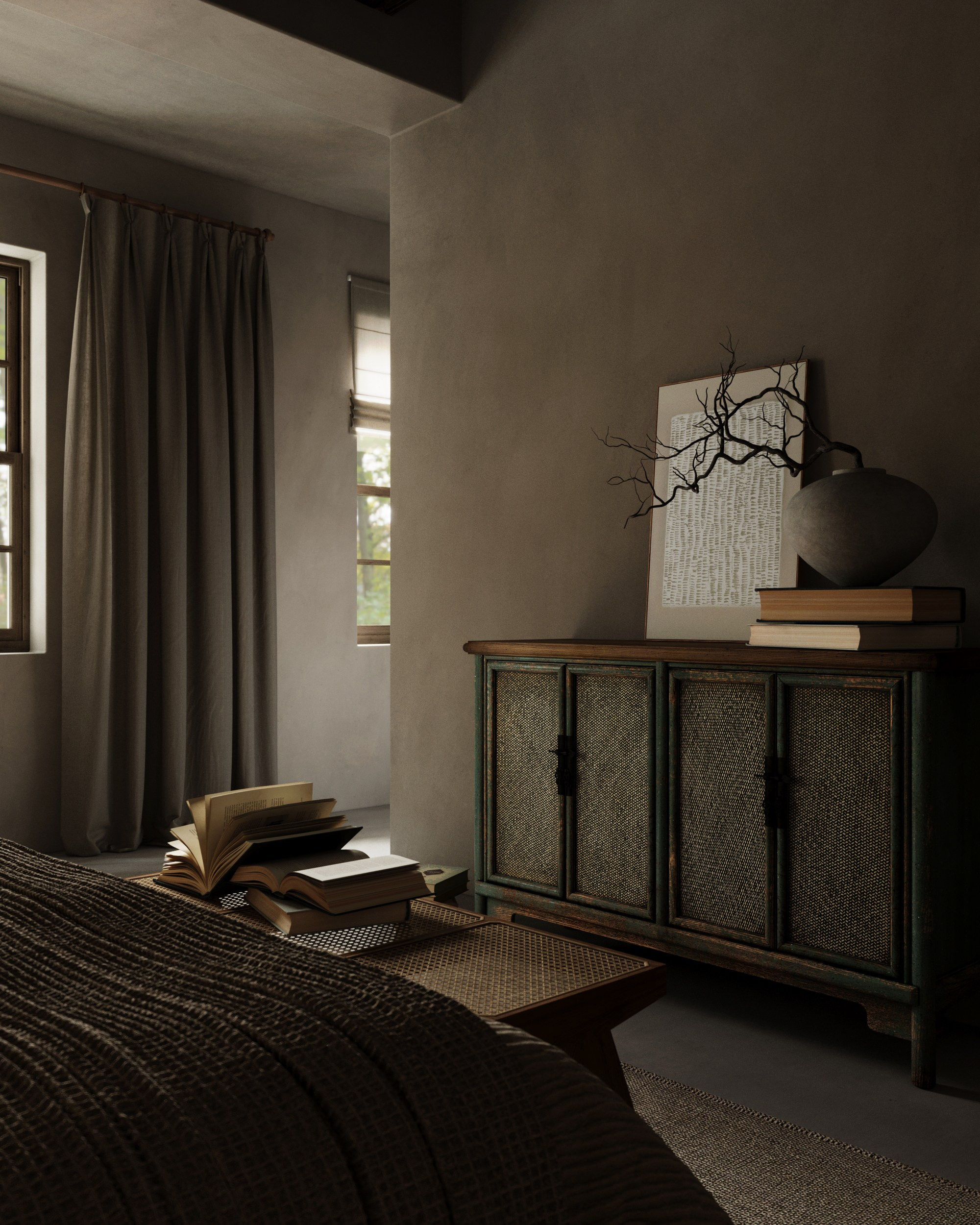 Спальня в стиле Wabi-Sabi. Создание 3д визуализаций. Анимированное видео. Сборка сцен