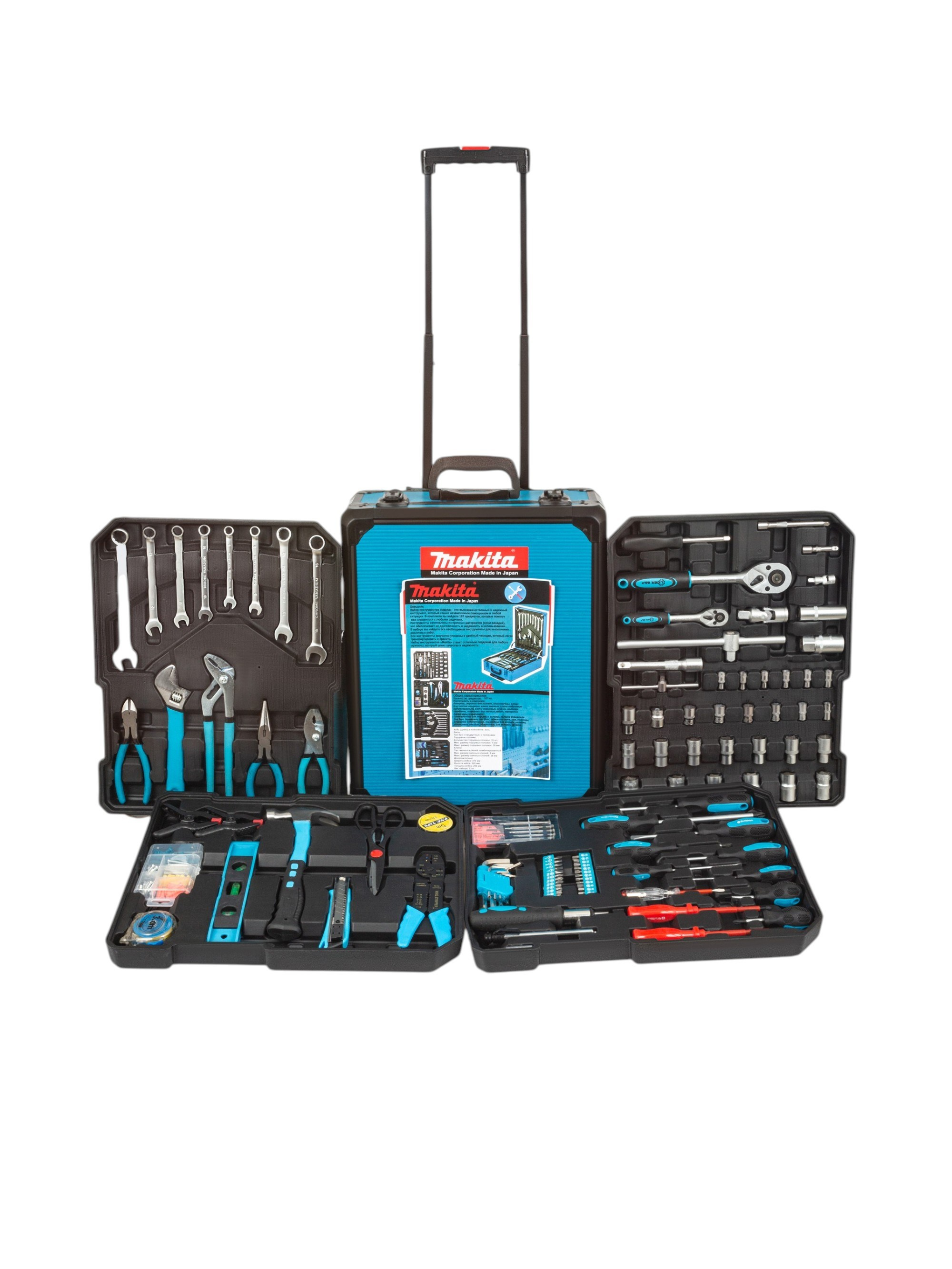 Бирюзовый катящийся кейс Makita в открытом виде с организованным набором ключей, отвёрток, пассатижей и головок на белом фоне.