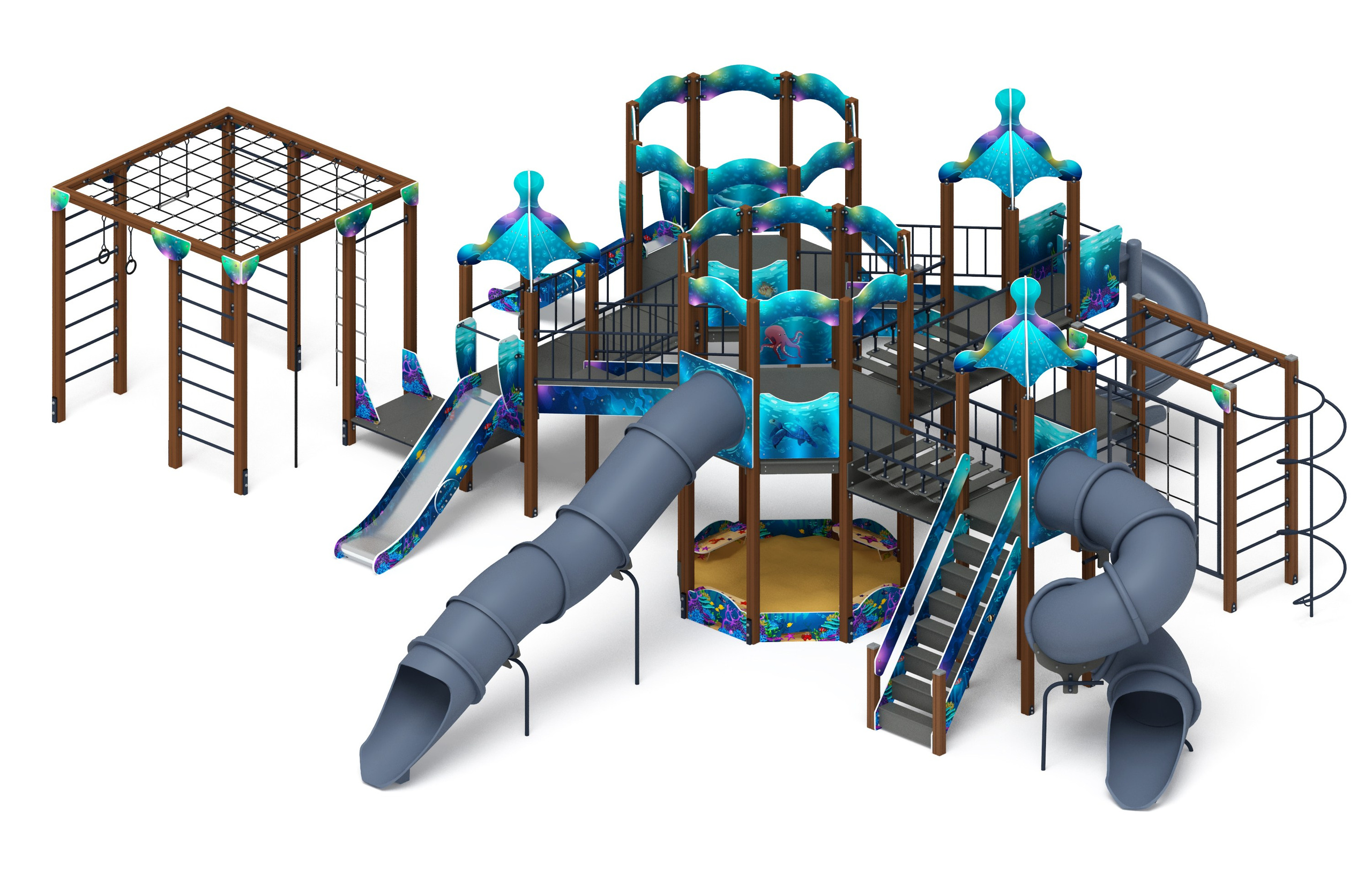 Морской - ДИК 2.17.07-01.И1 - Игровой комплекс H=1200 H=2000                                                                                                                         Габариты (ШхДхВ): 14220x11630x4540                                                                                                                                                                      Зона безопасности, мм: 17720х15630                                                                                                                                                                    Скат горки: H=1200 (металлический скат) / H=2000 (винтовой скат) / H=2000 (тоннельный винтовой скат) / H=2000 (тоннельный прямой скат)