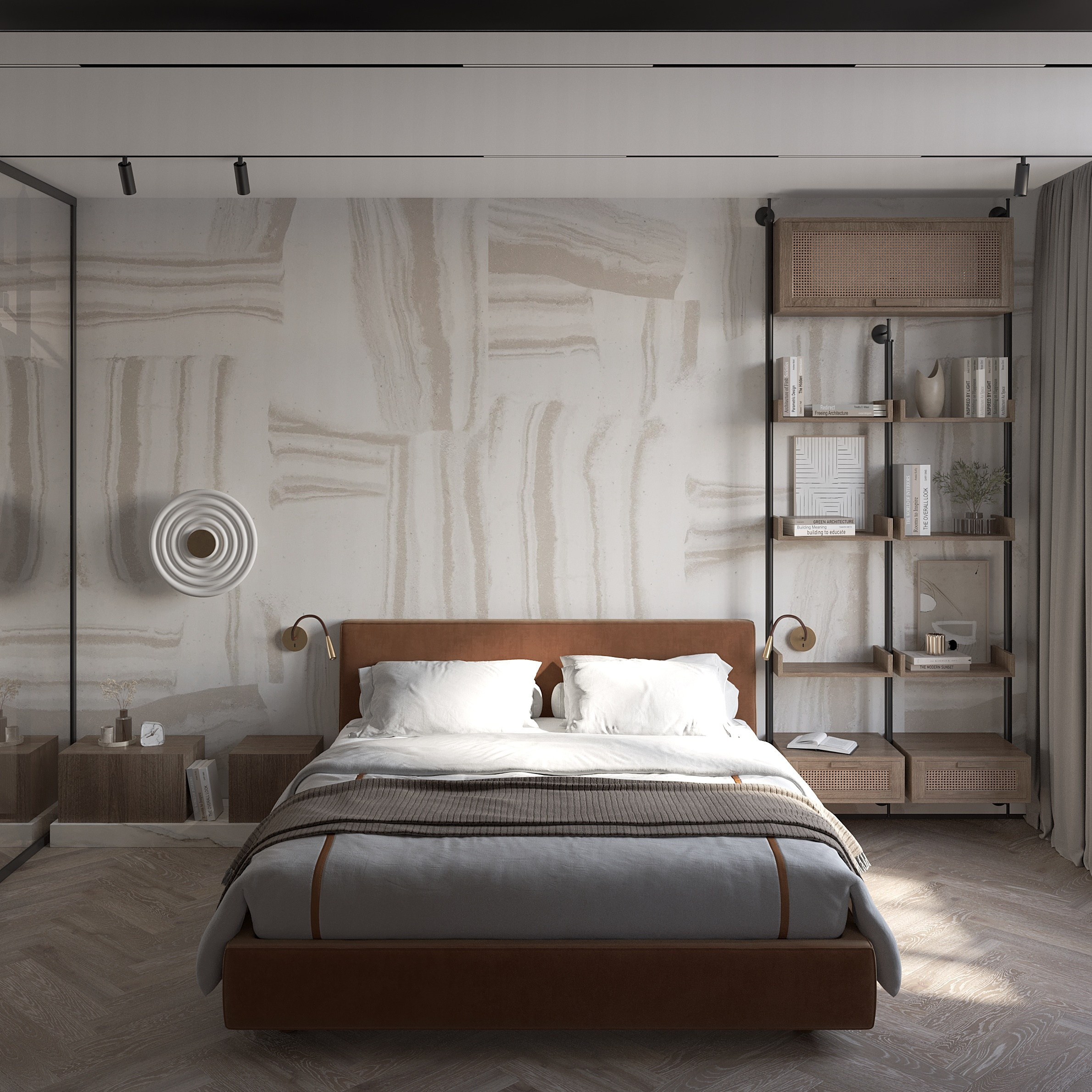 спальня с яркой кроватью и акцентом за изголовьем кровати с обоями 