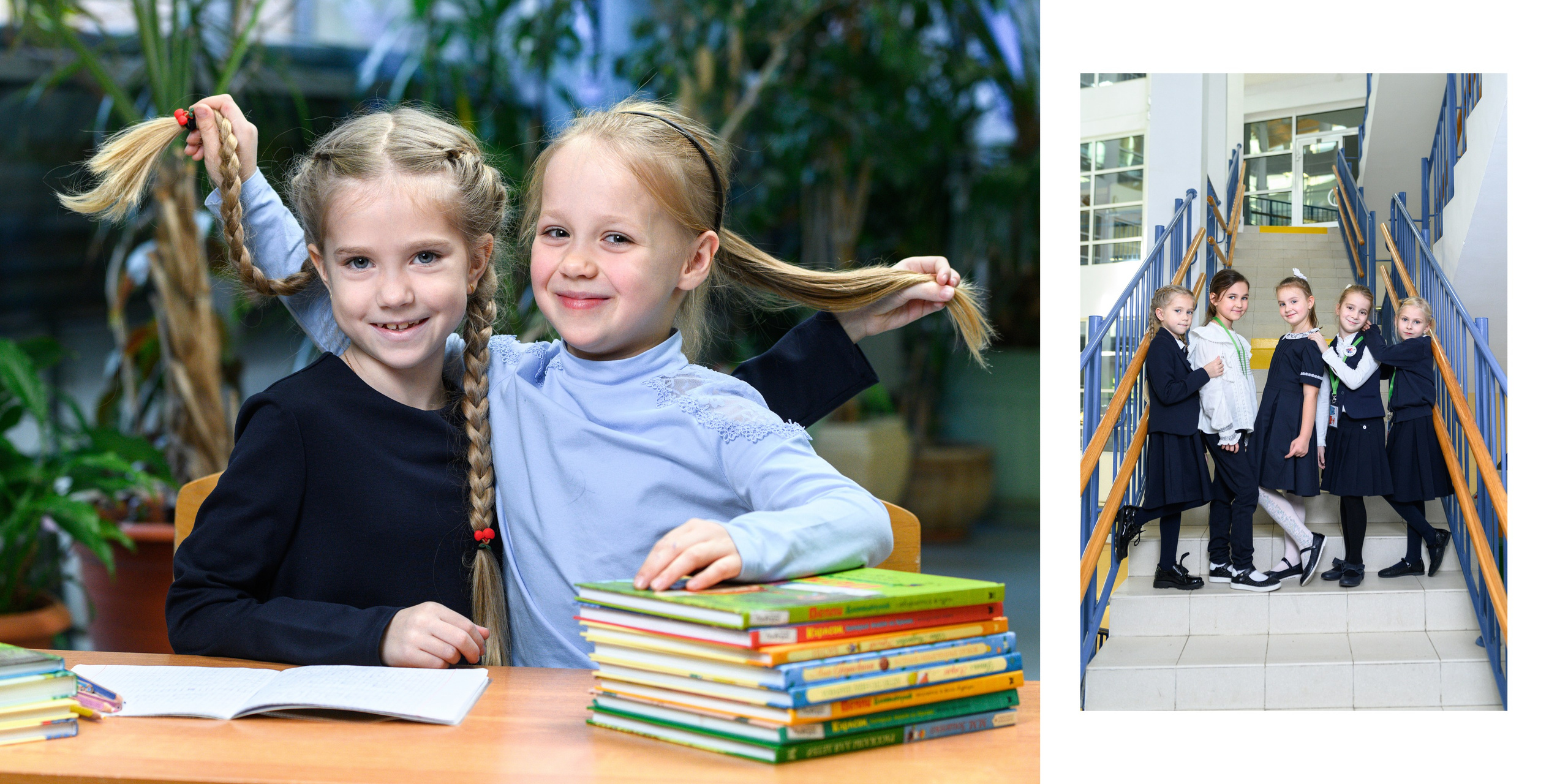 Коллажный разворот школьной фотокниги: крупный портрет двух подруг за партой и групповое фото на лестнице.