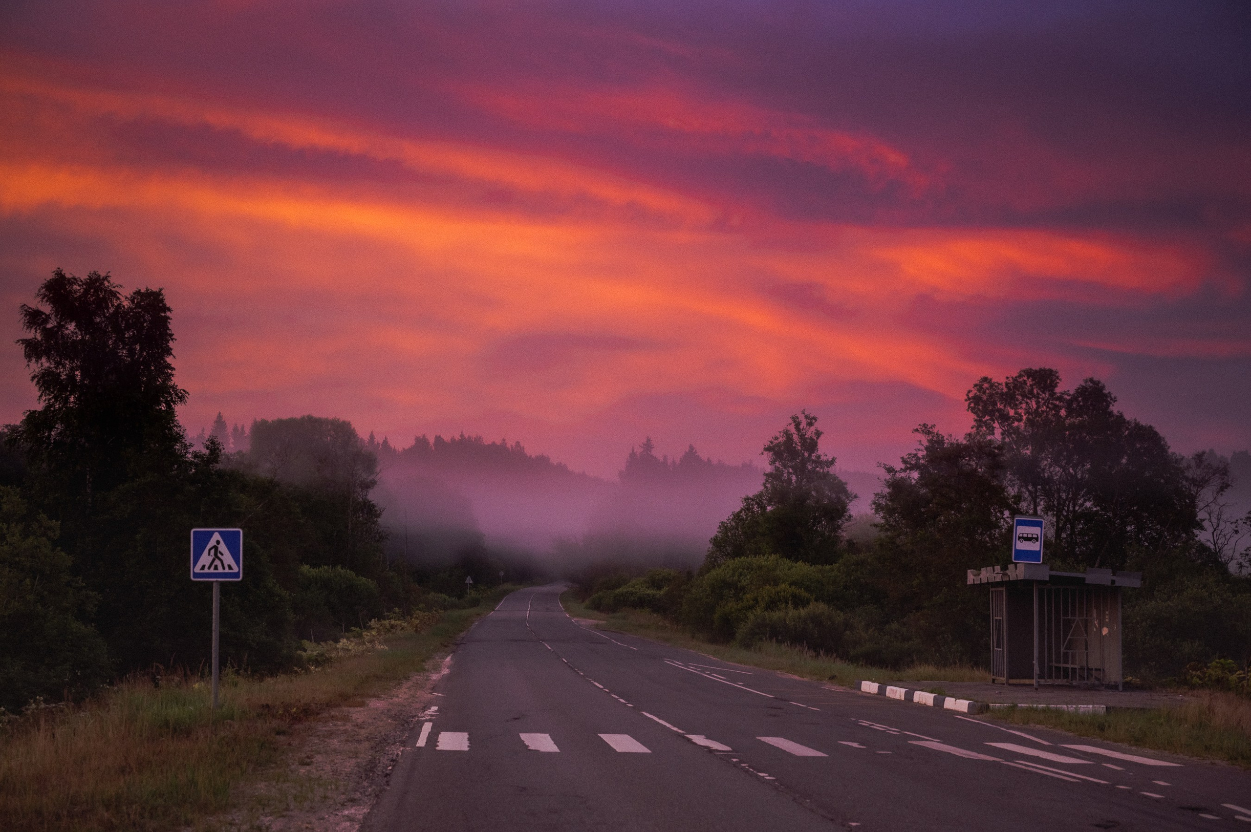автобусная остановка и пешеходный переход с рассветом и туманом