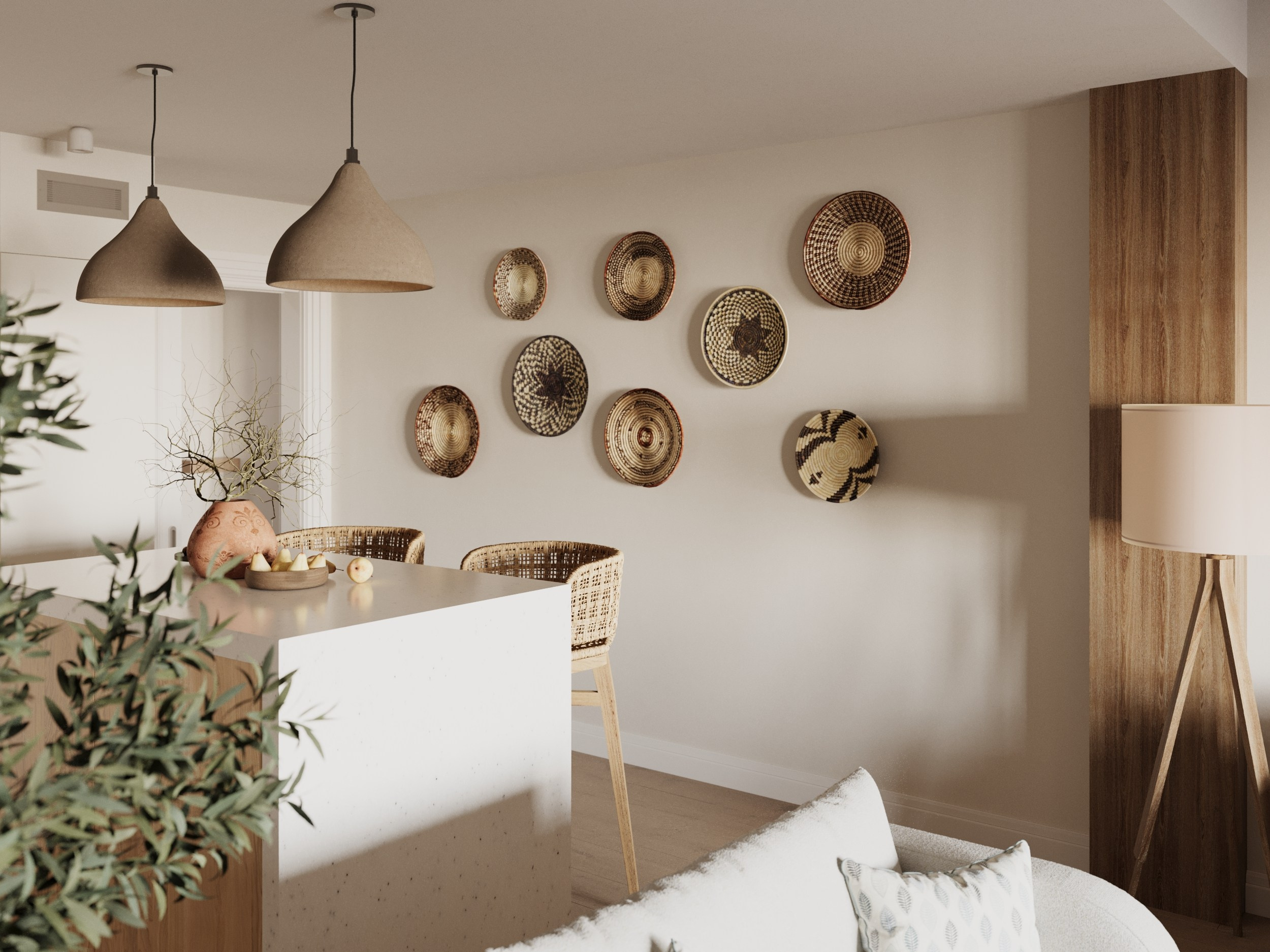 Кухонная зона с островом. На стене висят плетеные яркие тарелки