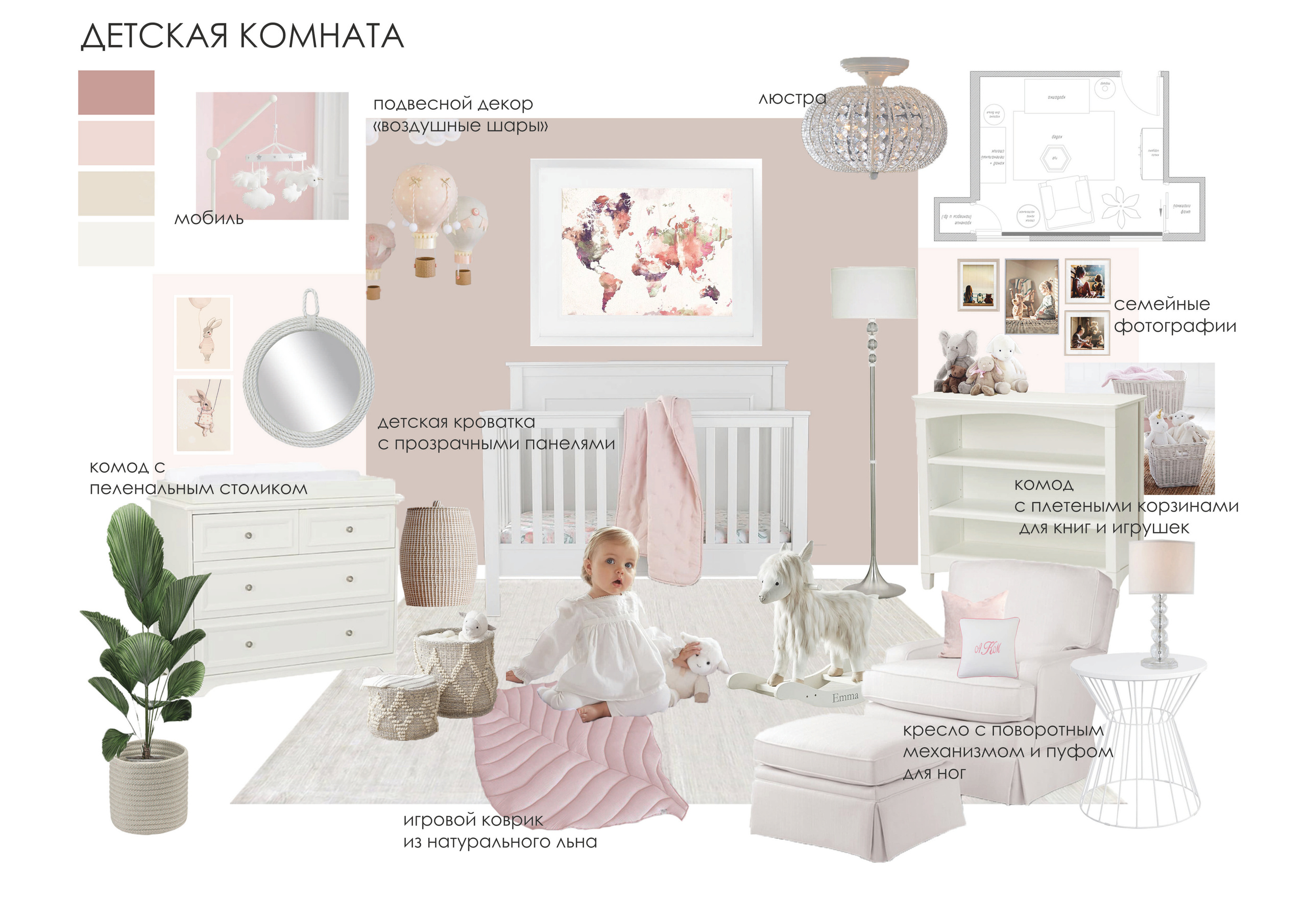 Детская для новорожденной девочки, 12,1 м². Дизайн интерьера Санкт-Петербург Полякова Любовь