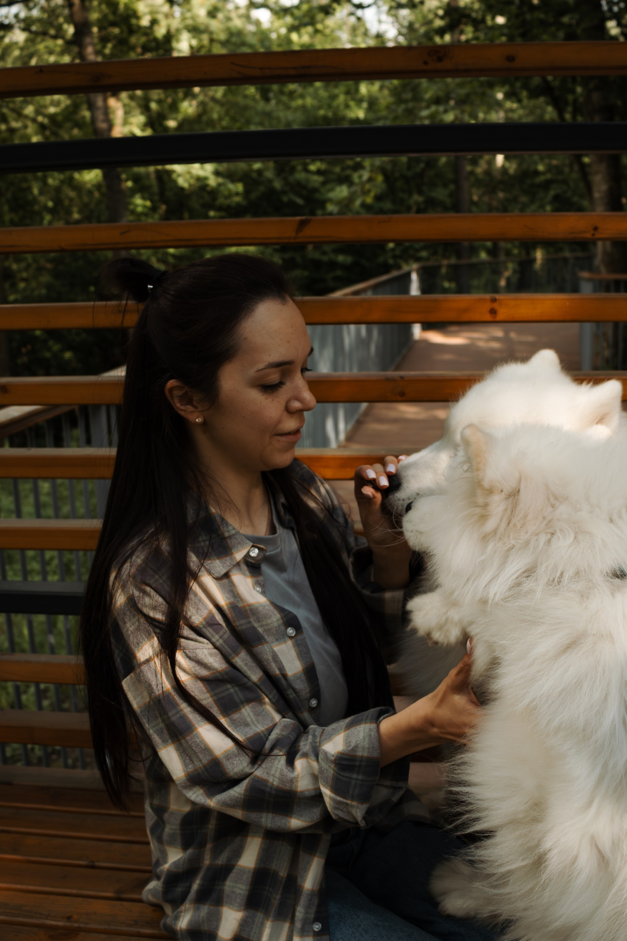 Фотосессия девушки с 2 собаками самоедами в лесопарке. Фотограф-анималист в Москве Екатерина Тихонова