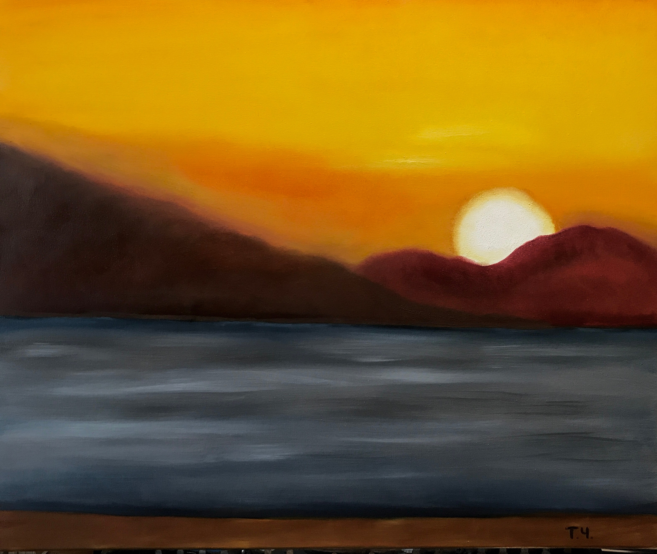 Закатное побережье, фантазия. Картина выполнена в спокойных тонах.