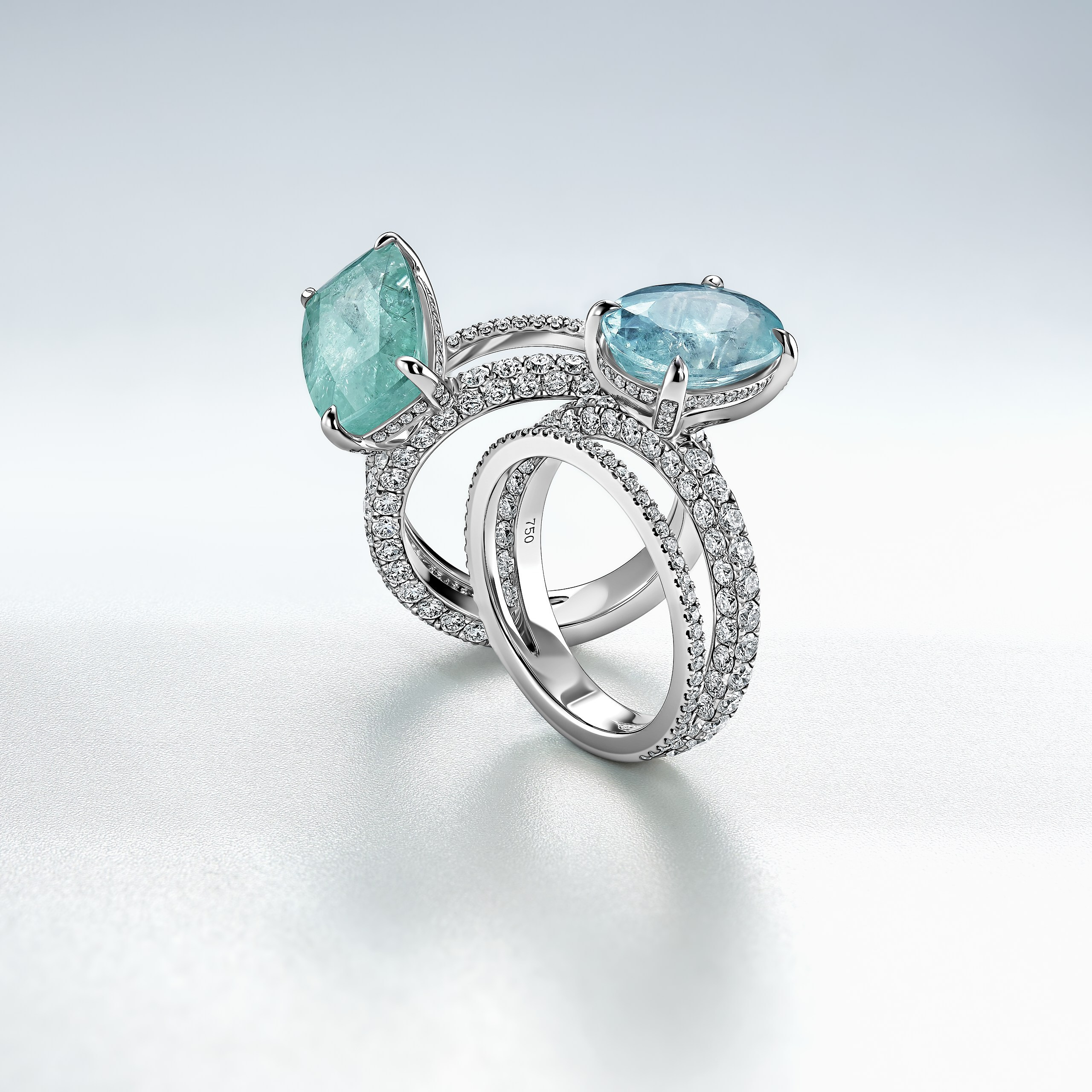 Профессиональная фотосъёмка кольца FARRO в Алматы — голубой топаз в бриллиантовом обрамлении, минималистичный белый фон. Съёмка для ювелирного каталога, глянцевого журнала и онлайн-витрины.