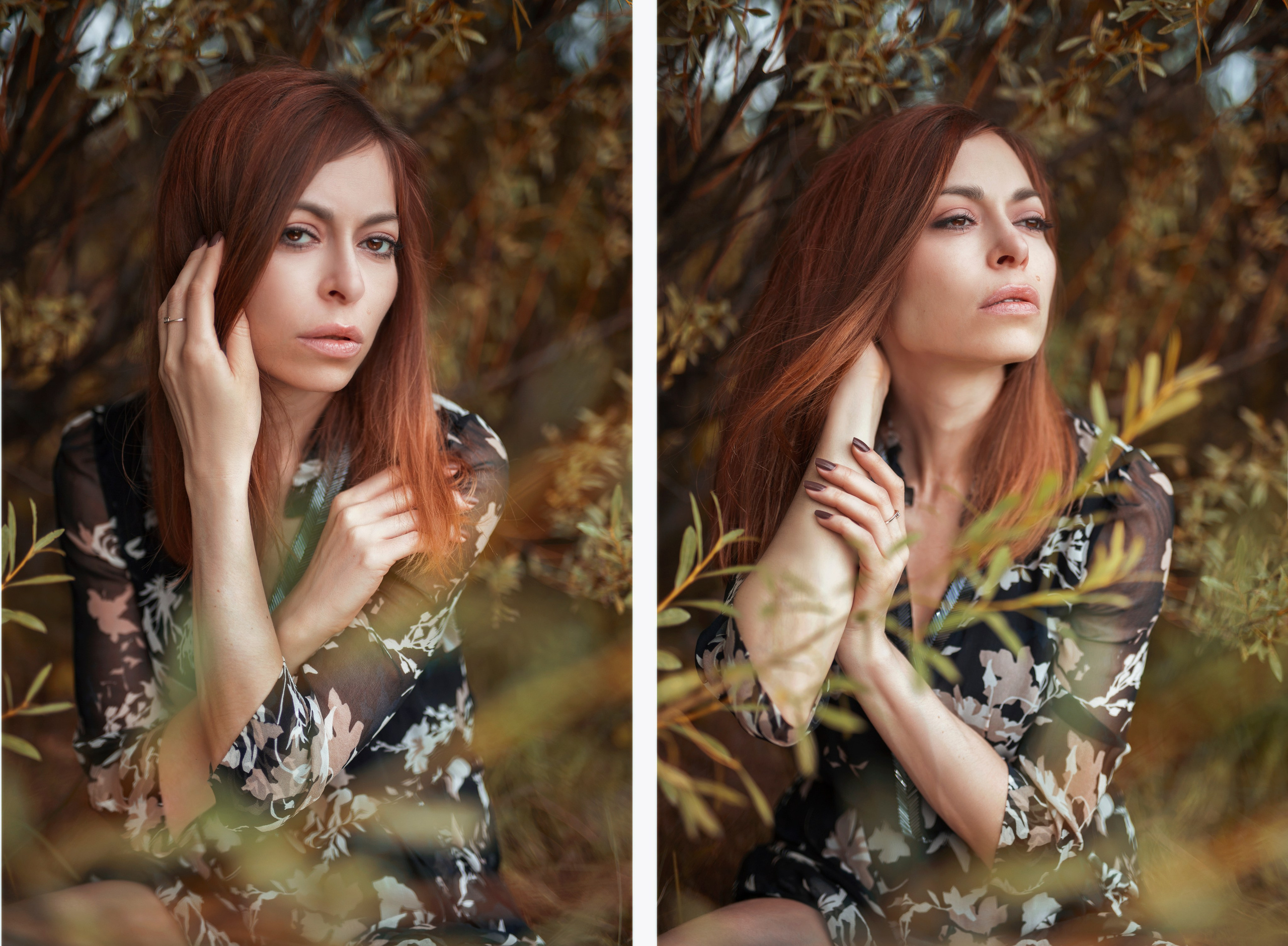 Рыжая девушка сидит в растениях