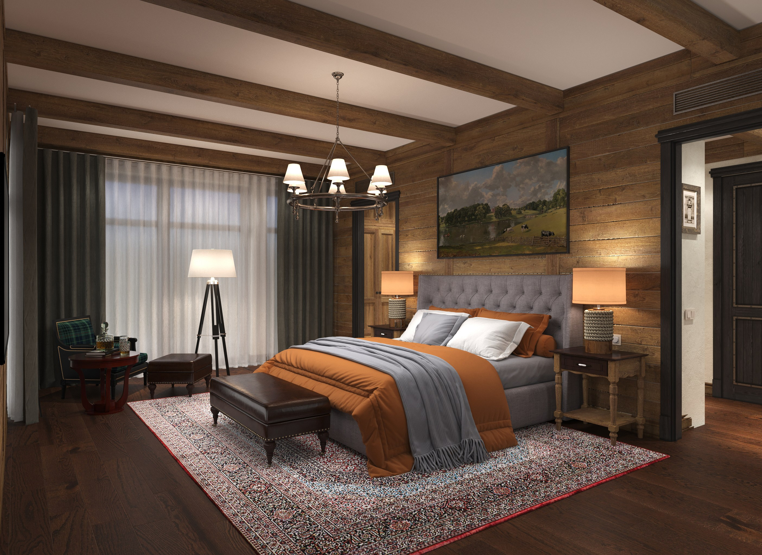 Дом из бруса в стиле альпийского шале. Спальня с текстилем и мебелью Ralph Lauren