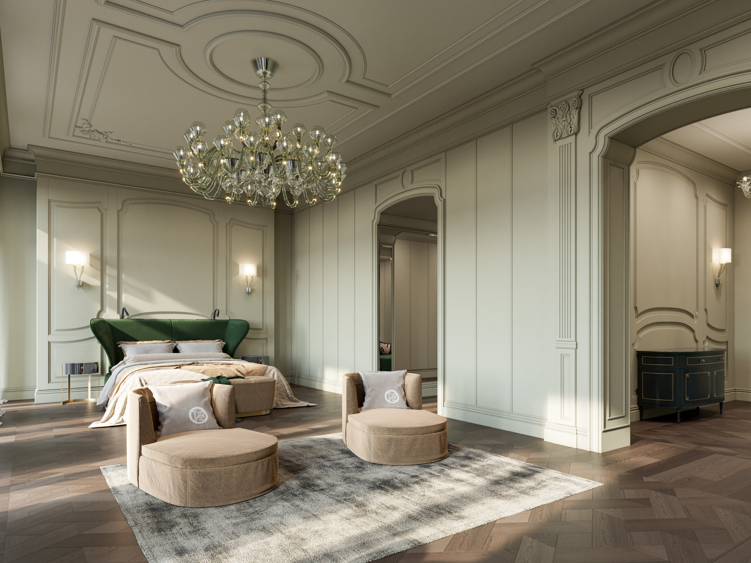 Мятная спальня в классическом стиле с шелковыми шторами и лепными карнизами