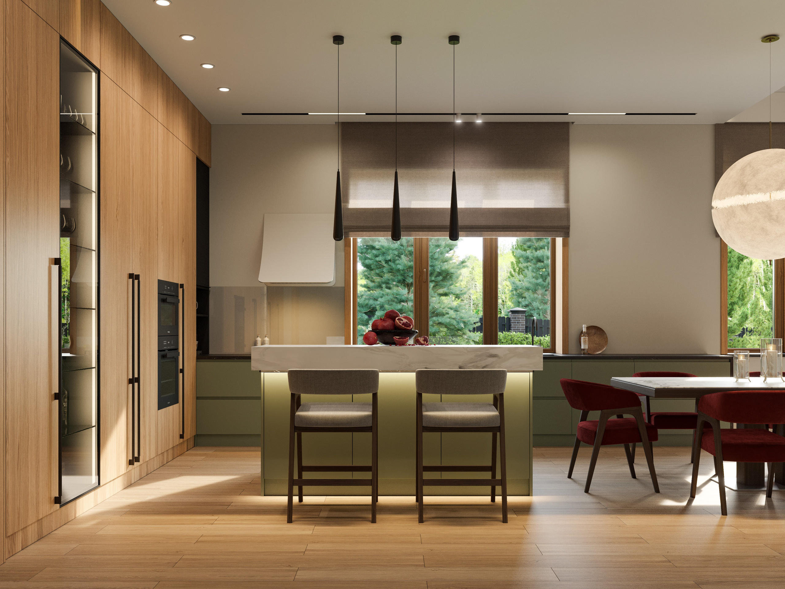 Встроенная кухонная техника и система хранения в современной кухне-столовой