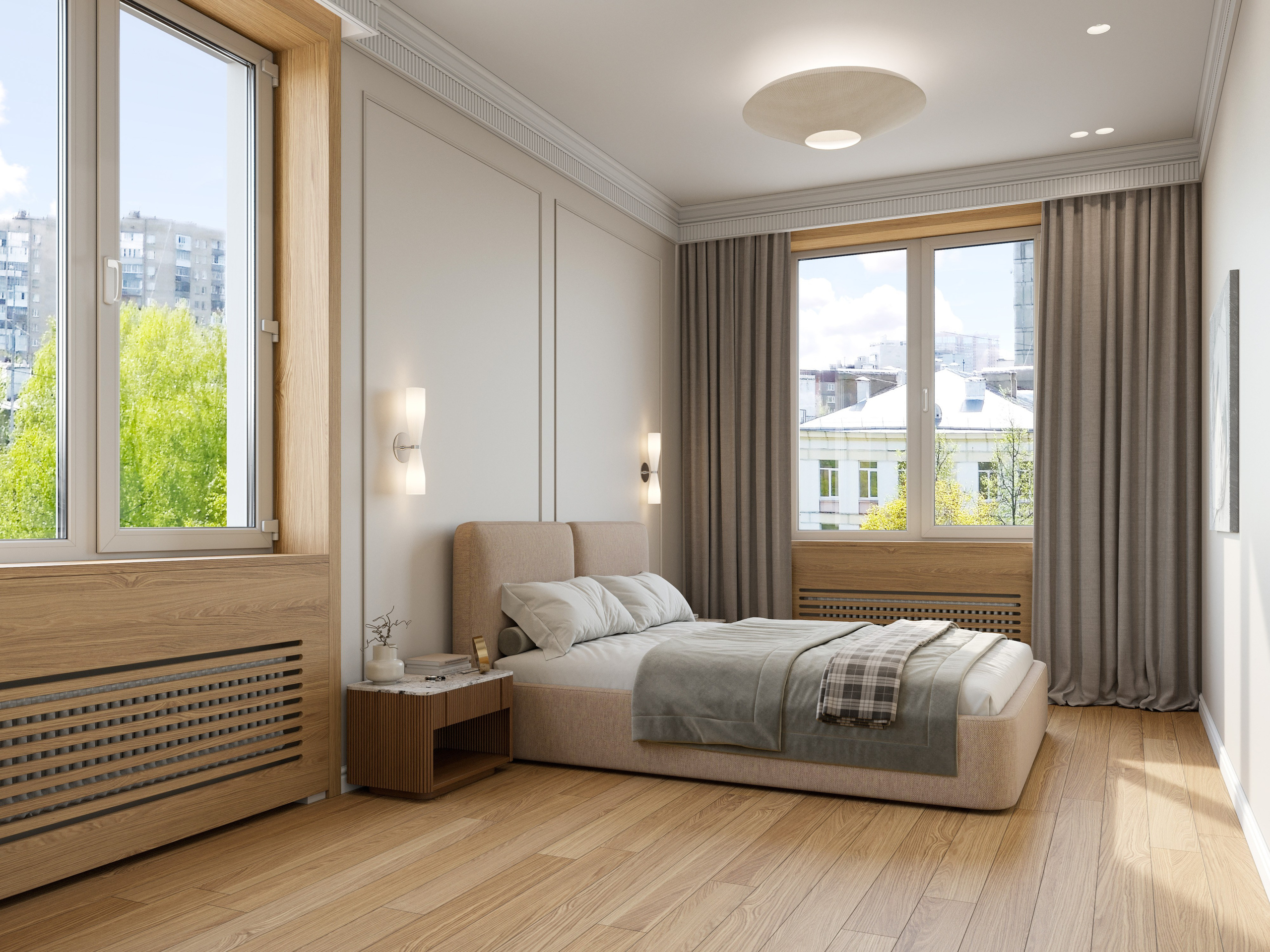 Интерьер спальни с тканевым изголовьем и минималистичной тумбой