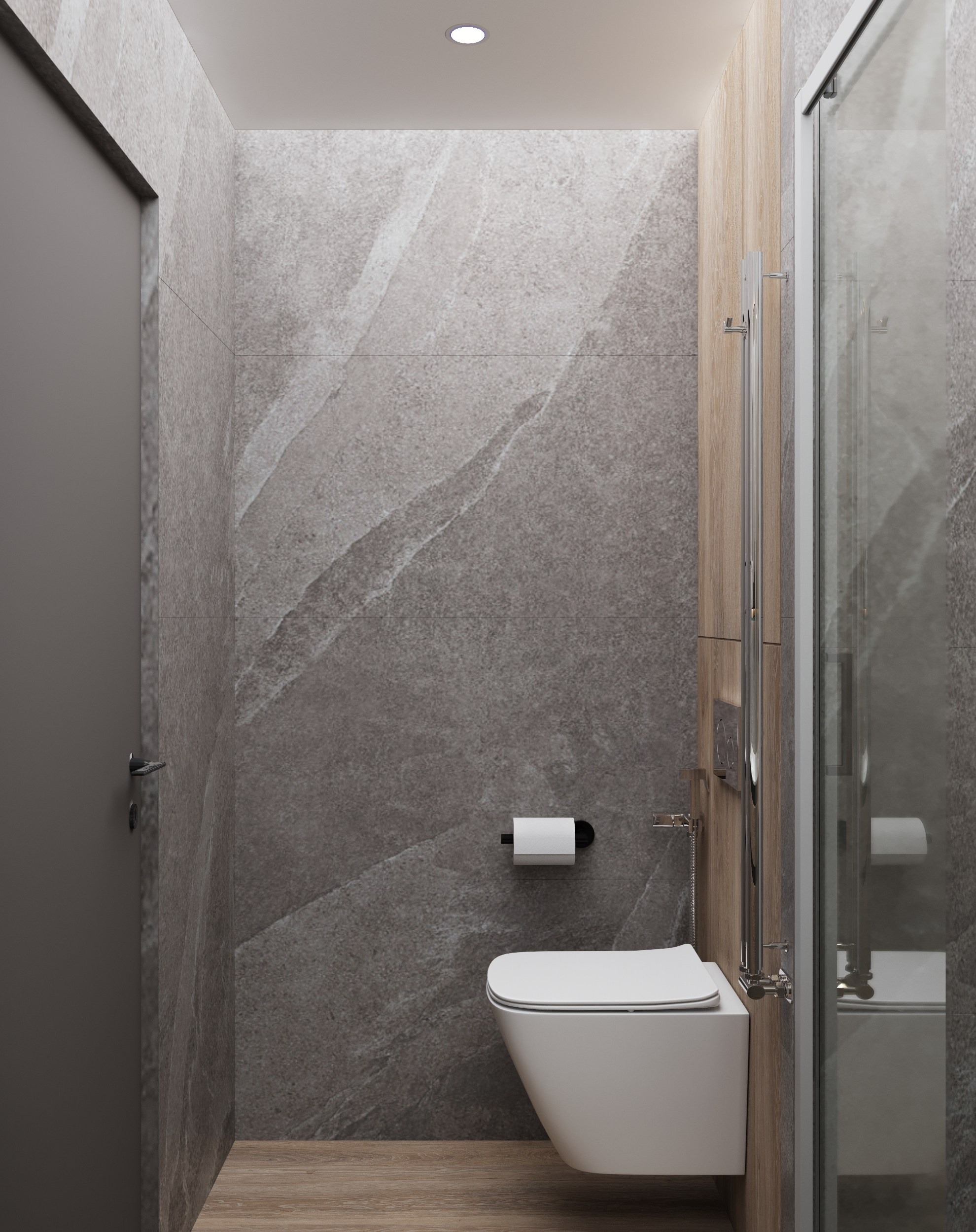 Гостевая ванная в сочетании дерево/камень. 3D Визуализация интерьеров жилых и коммерческих помещений