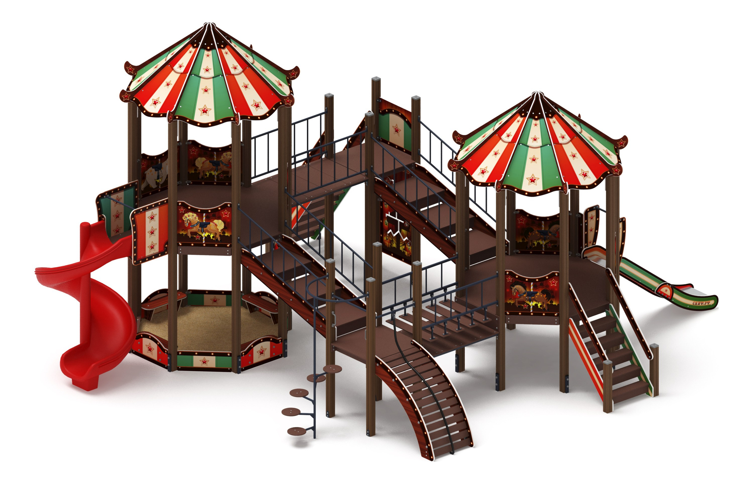 Карнавал (Шапито) - ДИК 2.22.04-01.И1 - Игровой комплекс H=1200 H=2000                                                                                  Габариты (ШхДхВ): 9280x7600x5100                                                                                                                                                                     Зона безопасности, мм: 13280х10600                                                                                                                                                               Скат горки: H=1200 (металлический скат) / H=2000 (винтовой скат)                                                                                            Возрастные ограничения от 5 до 12 лет