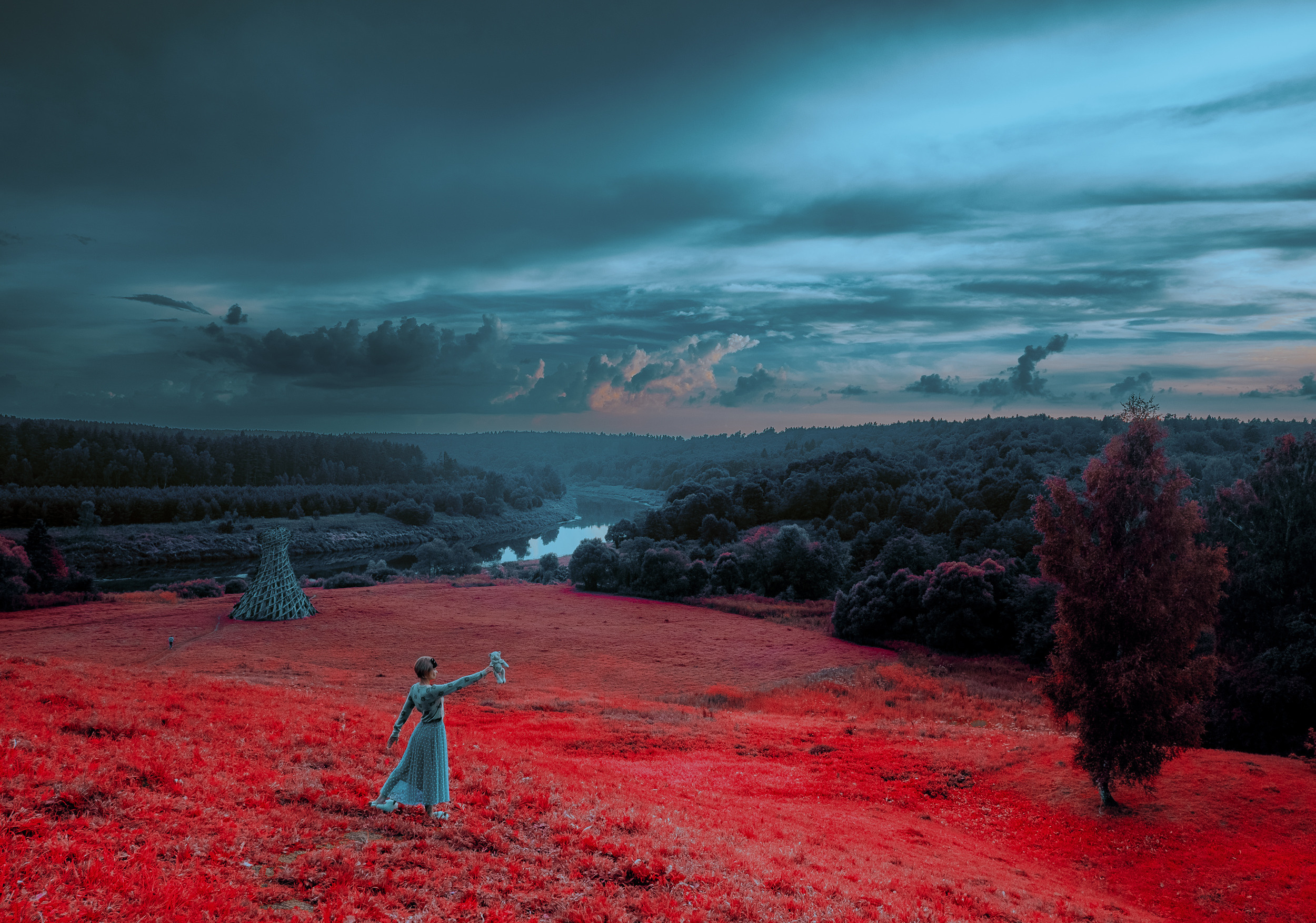 Фотоискусство. Фигура девушки во сне. Необычный пейзаж с красной травой.