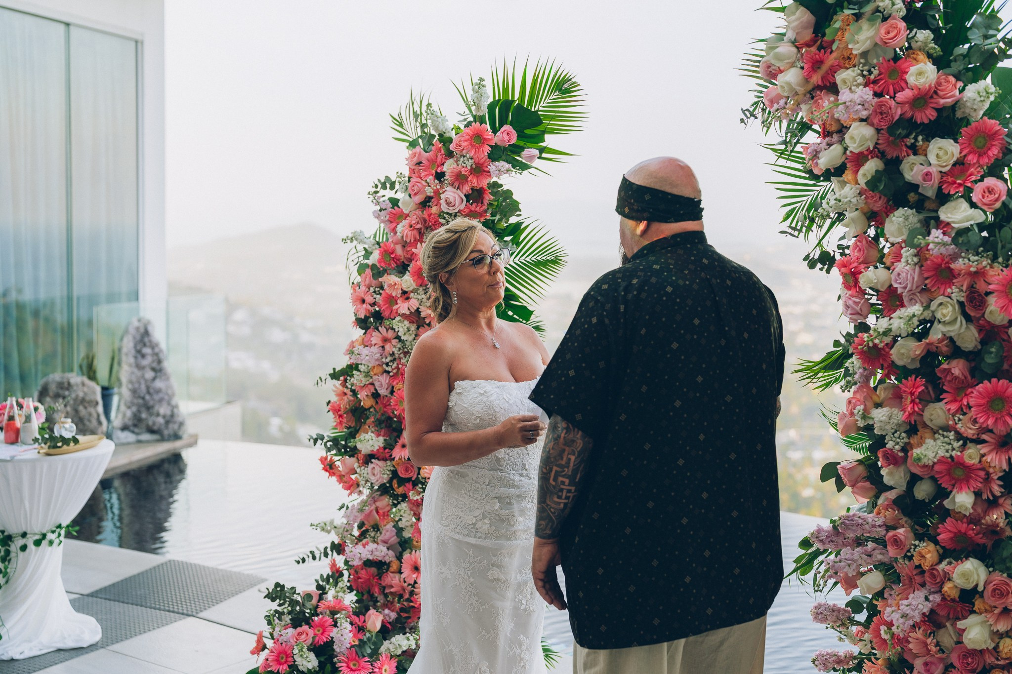 Bride and groom celebrating a sunset wedding at a villa in Koh Samui
