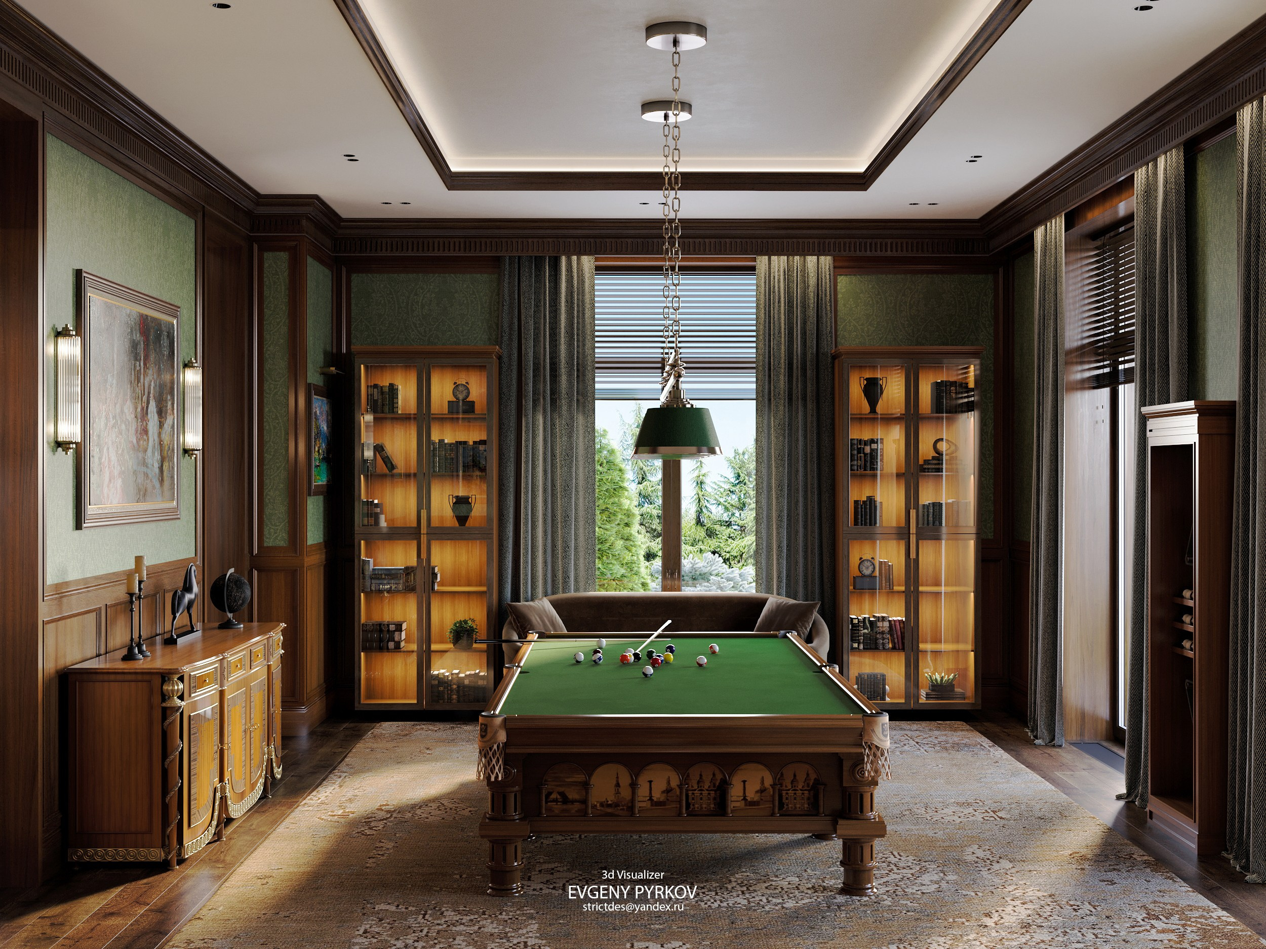 Рабочий кабинет с бильярдом в частном доме. Клиент Абасеева Нина. Евгений Пырков — 3d визуализатор интерьеров и экстерьеров России