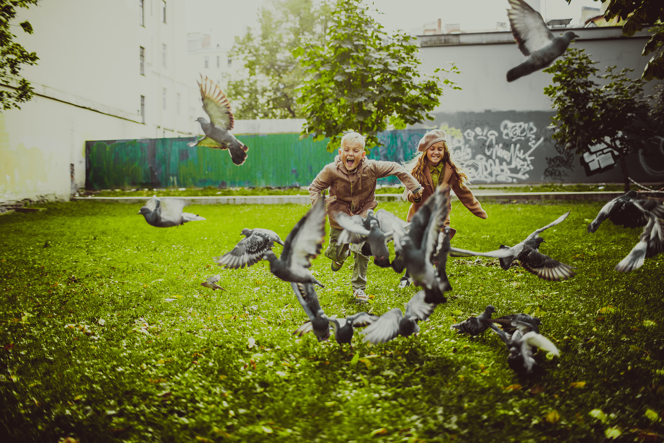 мальчик с девочкой гоняют голубей на зеленом газоне