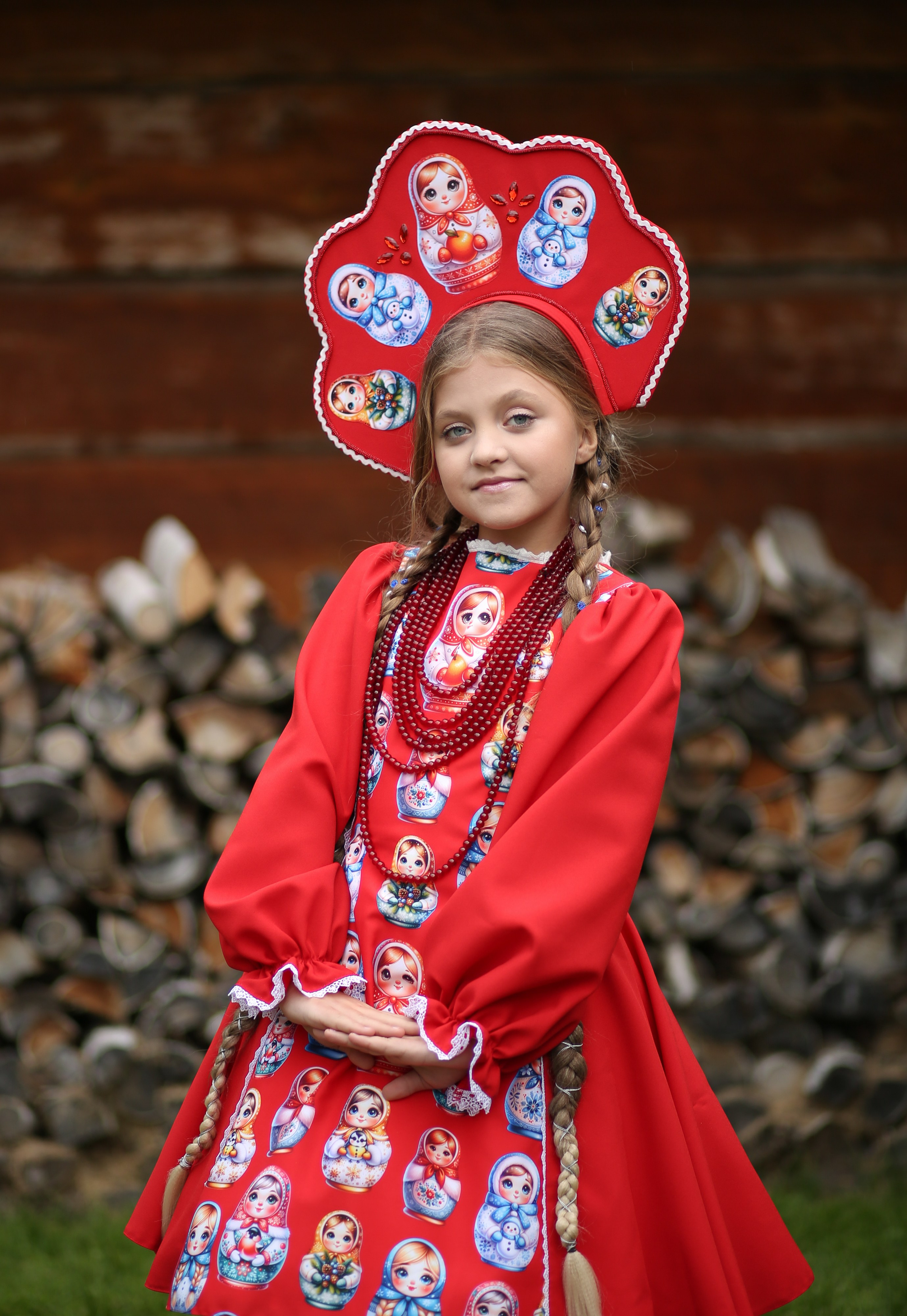 аренда наряда "матрёшка красная". В состав костюма входит платье, подъюбник. Кокошник оплачивается отдельно! Стоимость проката сутки 2000р. с кокошником 2500р. рост модели на фото 128-130 см.