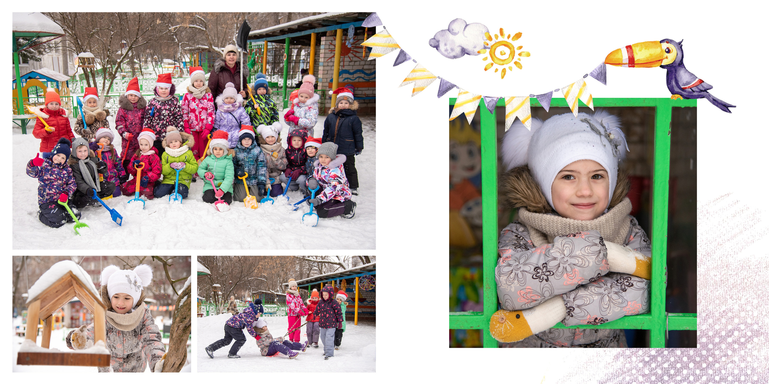 Прогулка группы детского сада зимой.  Фотосессия в детском саду