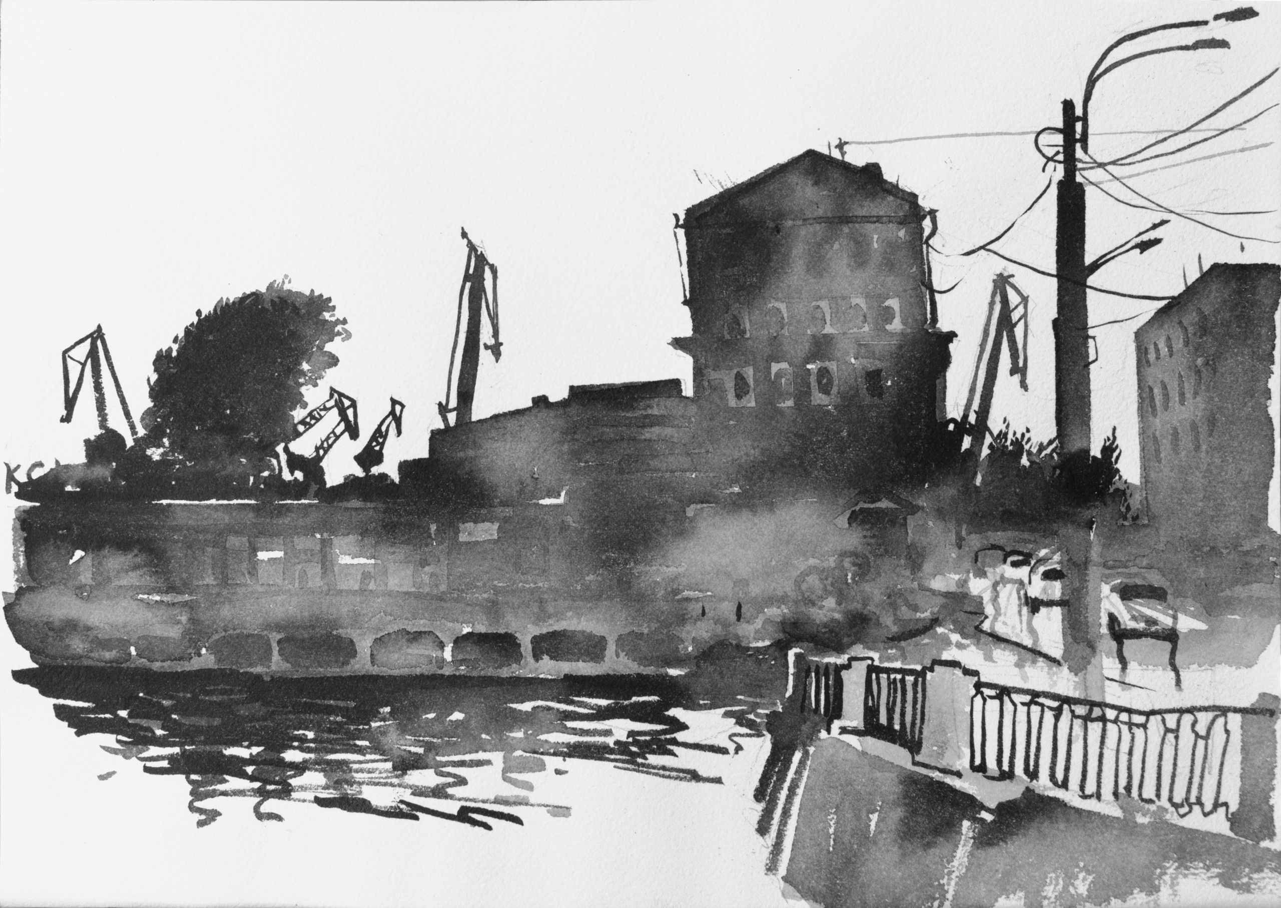 город, графика, черно-белый город, белые ночи, Петербург