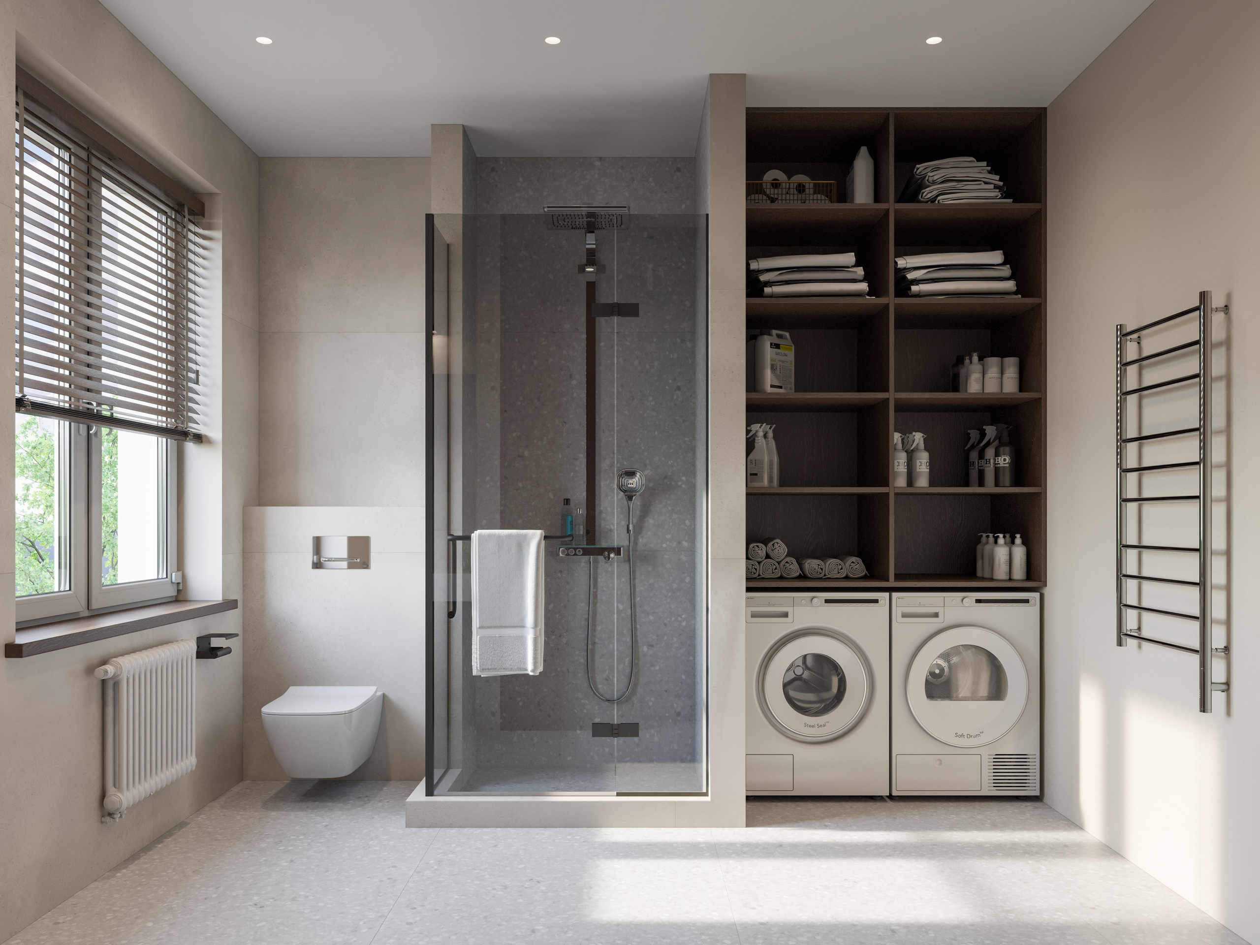 3D визуализация постирочной с встроенной техникой с деревянными стелажами