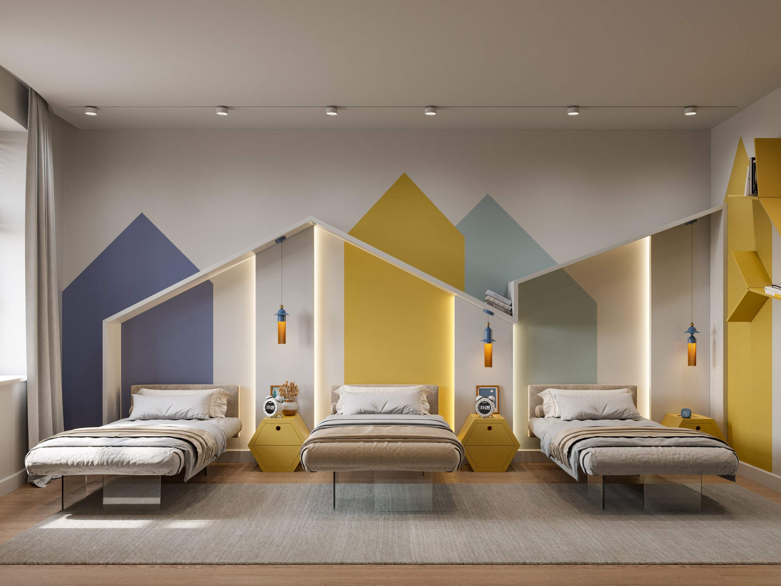 Геометрические полки в детской комнате на троих детей