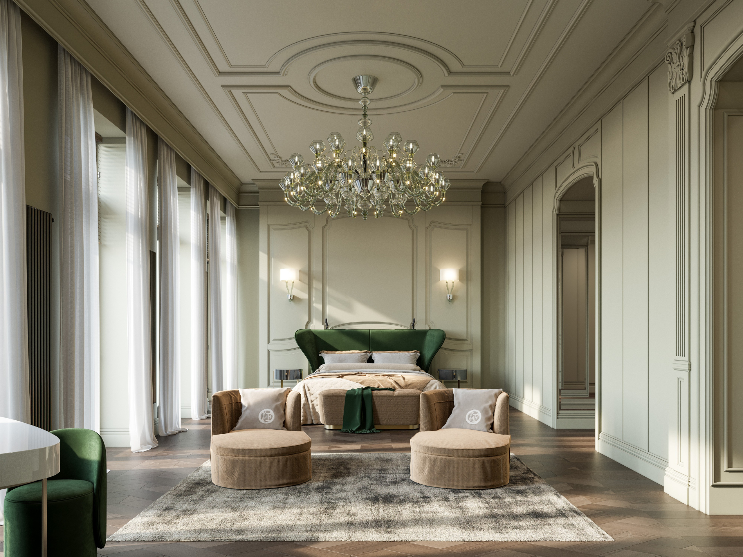 3D визуализация женской спальни в мятных тонах с лепным потолком и паркетным полом