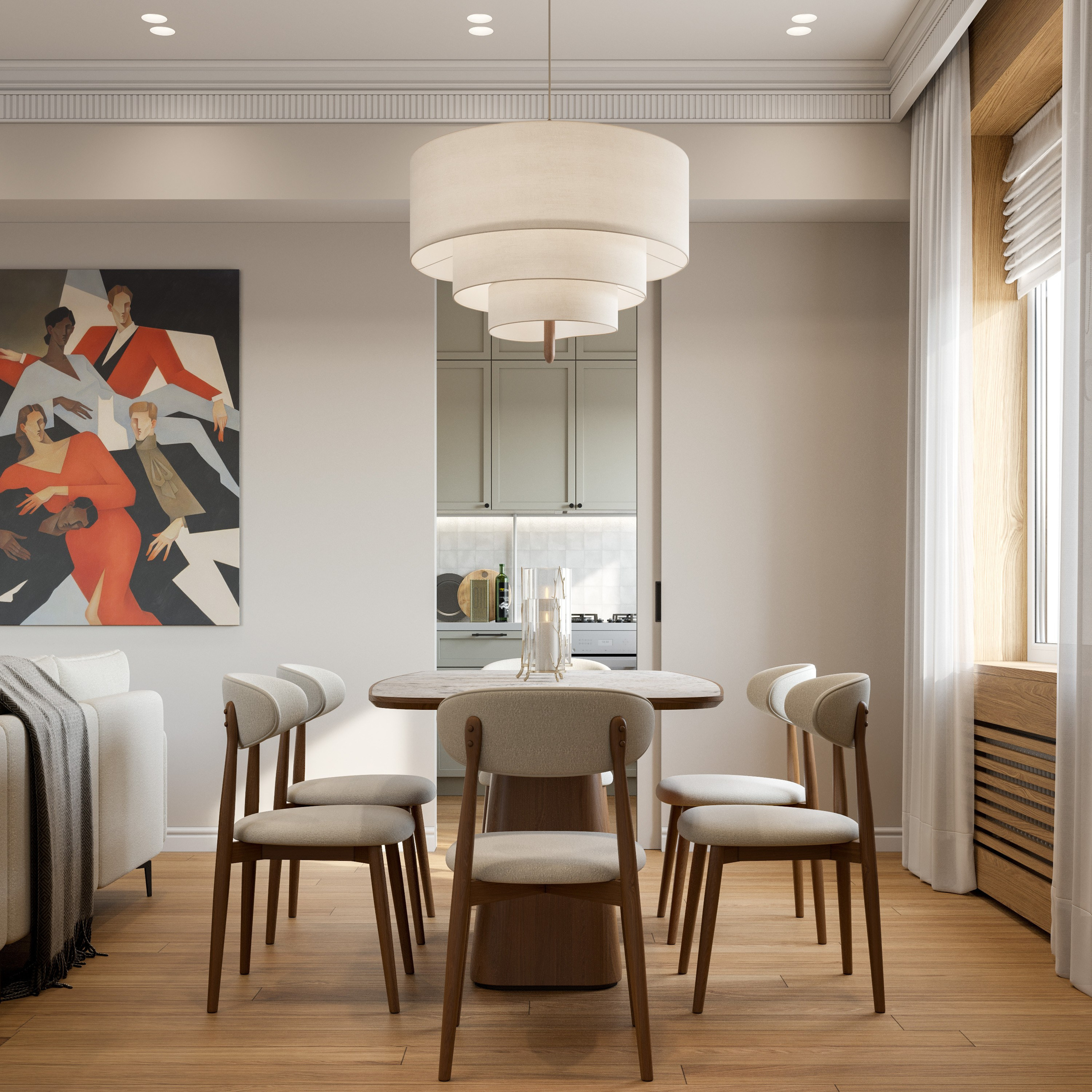 Интерьер гостиной в стиле минимализм с диваном серого цвета и деревянными акцентами